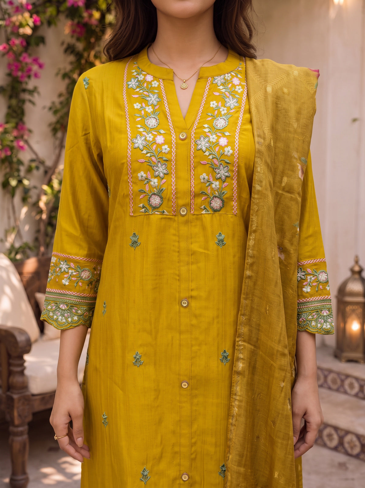 Viscose Embroidered A-Line Calf Length Kurta With Pant and Dupatta