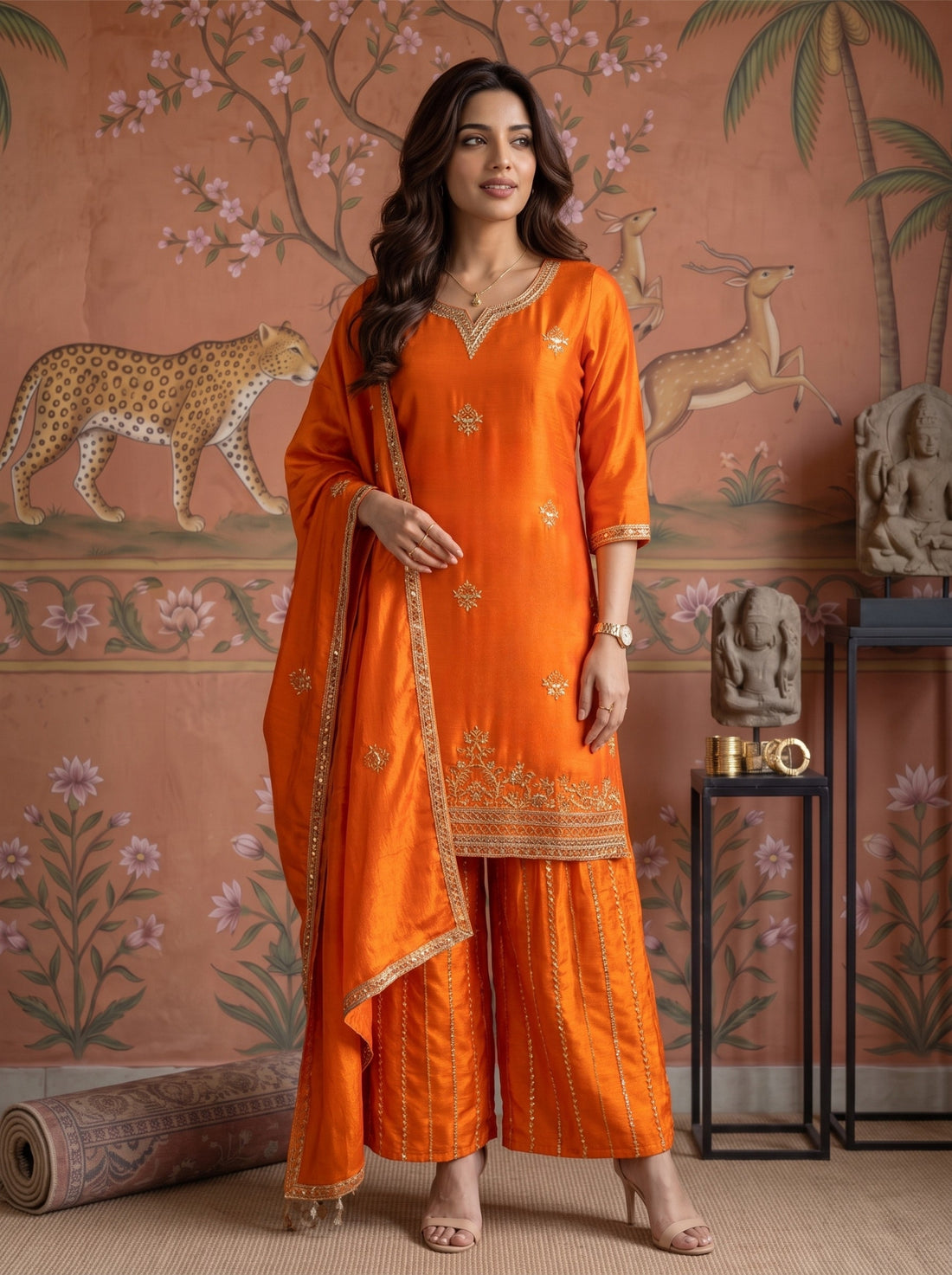 Buy Viscose Embroidered Straight Knee Length Kurta With Pant and Dupatta-Orange