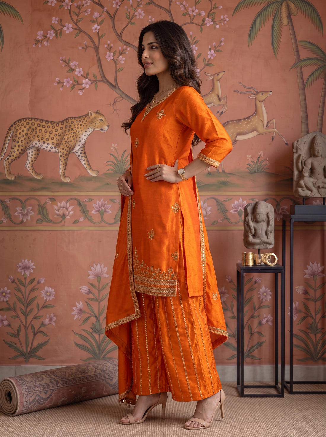 Buy Viscose Embroidered Straight Knee Length Kurta With Pant and Dupatta-Orange