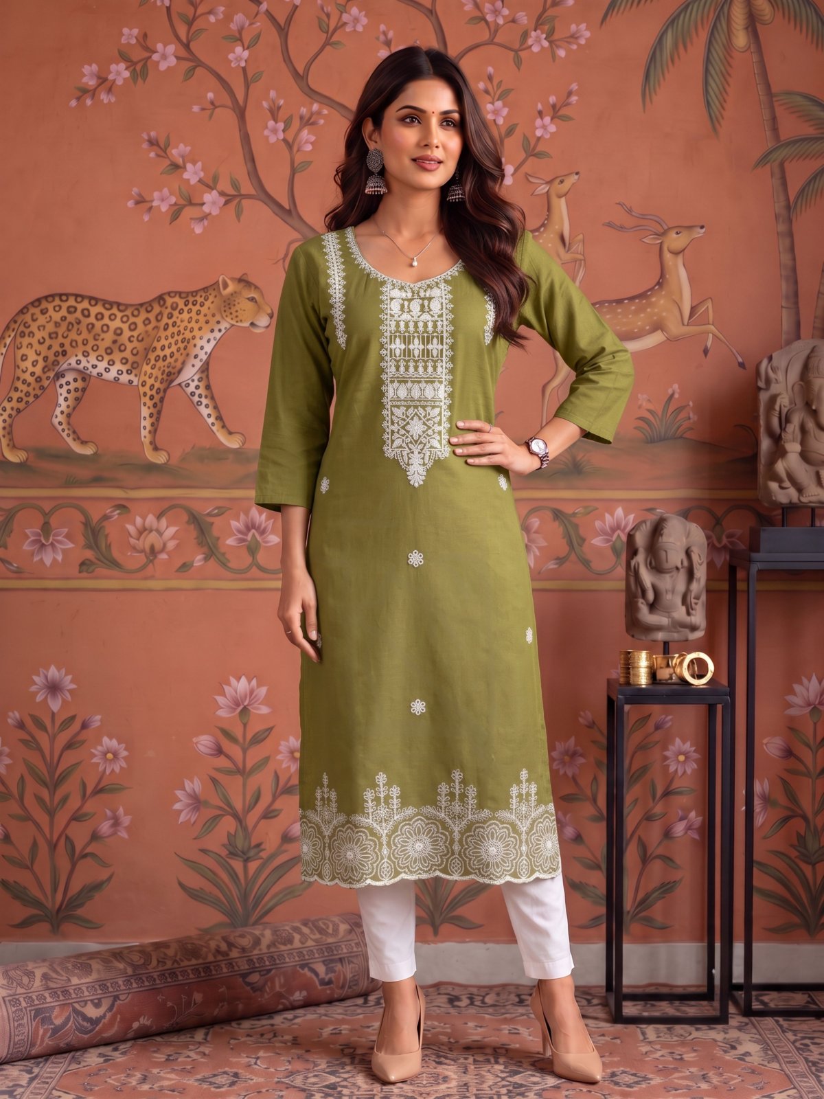 Buy Cotton Embroidered Straight Calf Length Kurta-Green