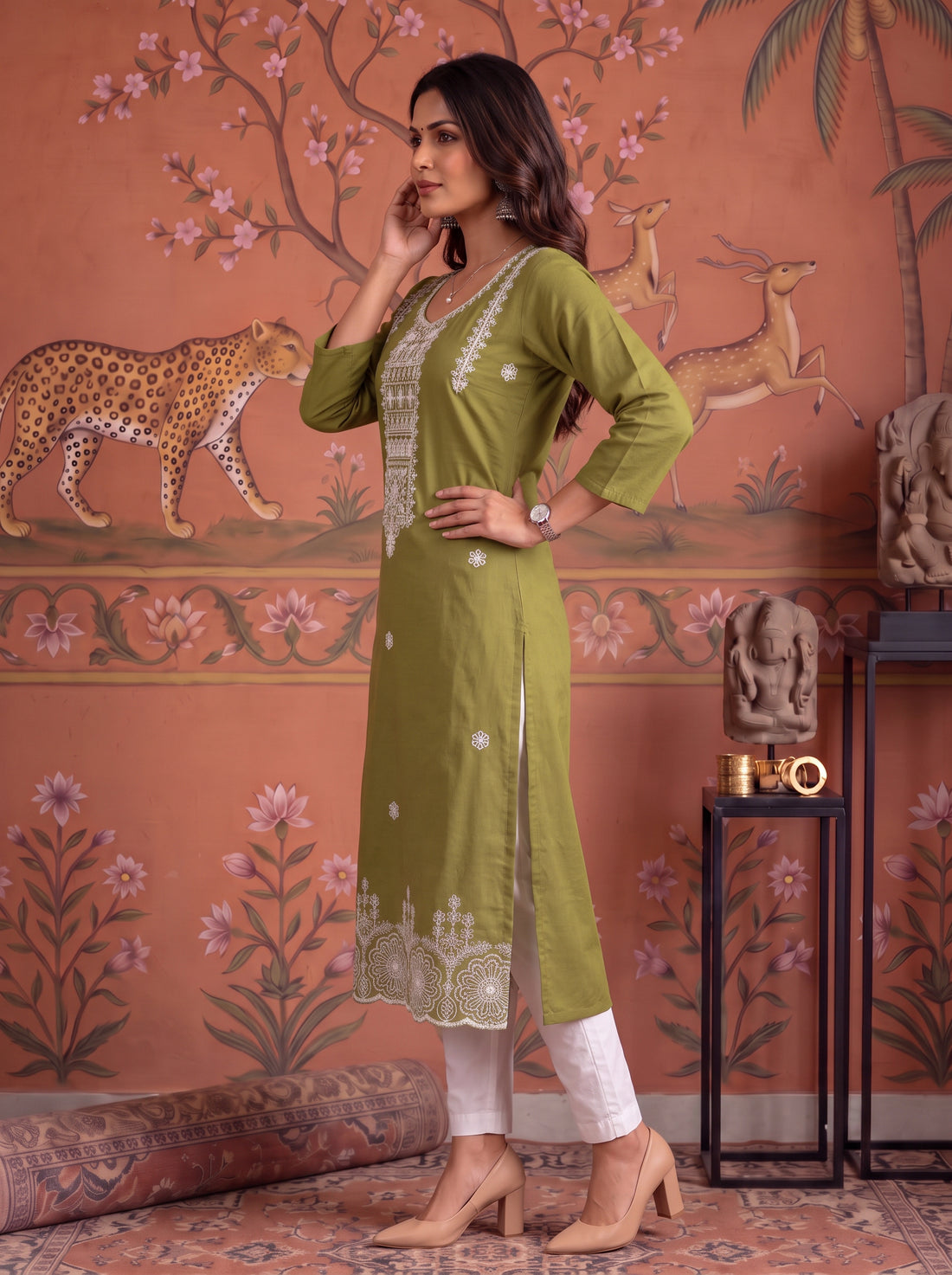 Buy Cotton Embroidered Straight Calf Length Kurta-Green