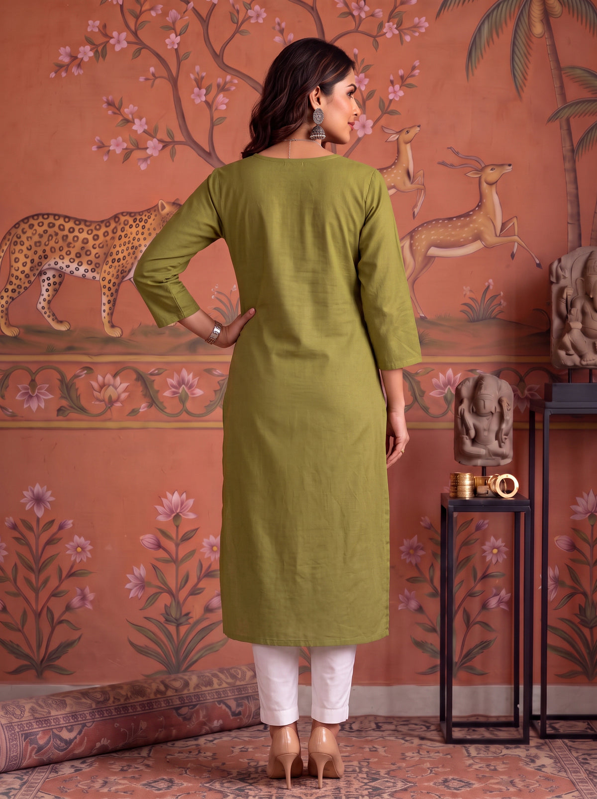 Buy Cotton Embroidered Straight Calf Length Kurta-Green