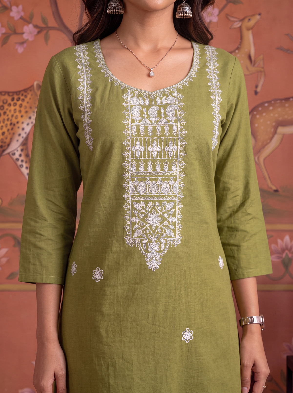 Buy Cotton Embroidered Straight Calf Length Kurta-Green