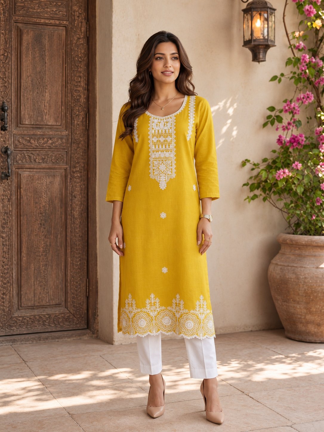 Buy Cotton Embroidered Straight Calf Length Kurta-Yellow