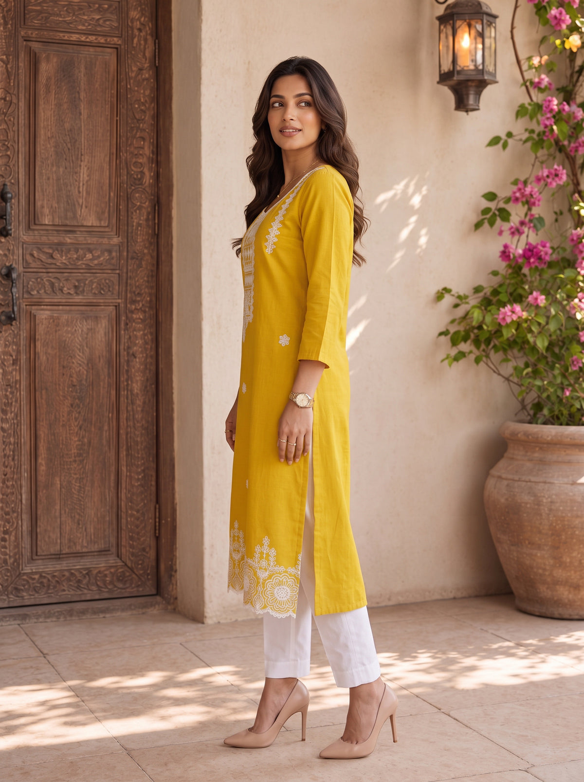 Buy Cotton Embroidered Straight Calf Length Kurta-Yellow