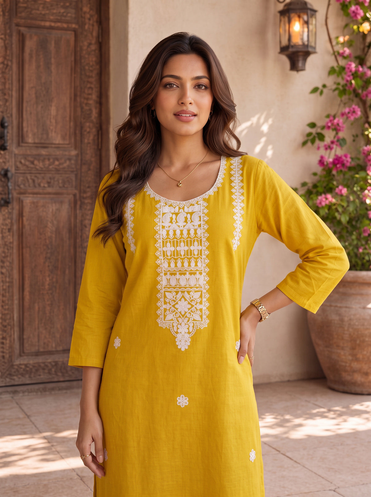 Cotton Embroidered Straight Calf Length Kurta