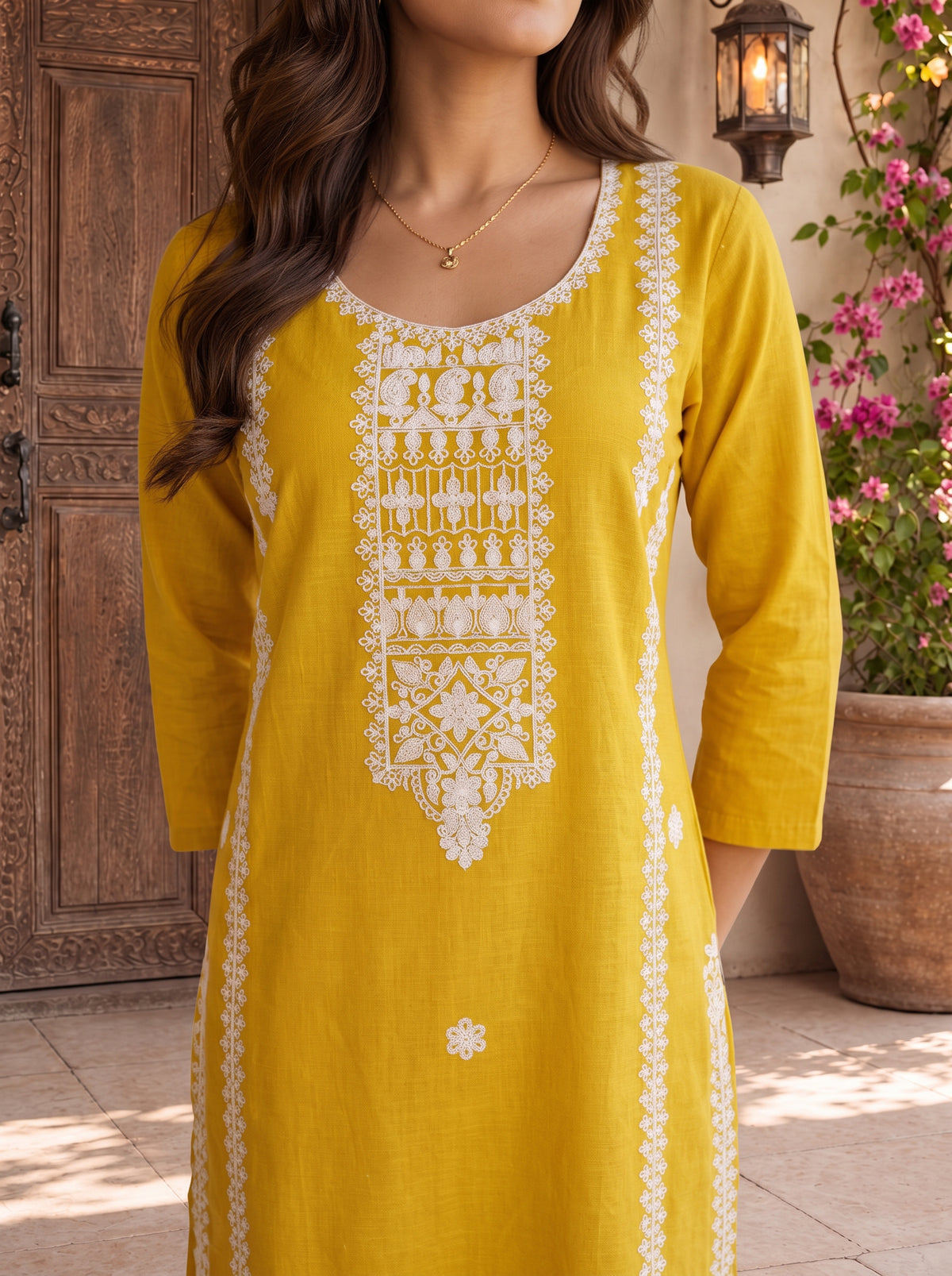Cotton Embroidered Straight Calf Length Kurta