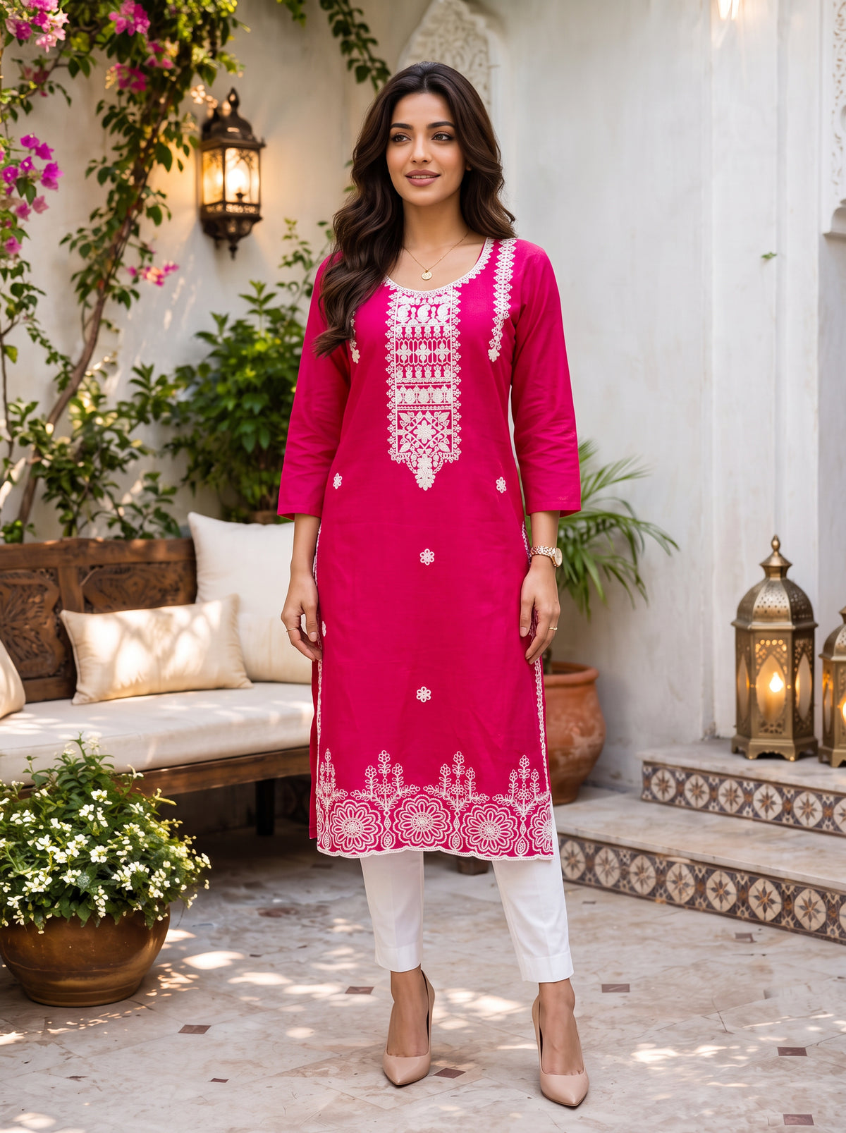 Cotton Embroidered Straight Calf Length Kurta