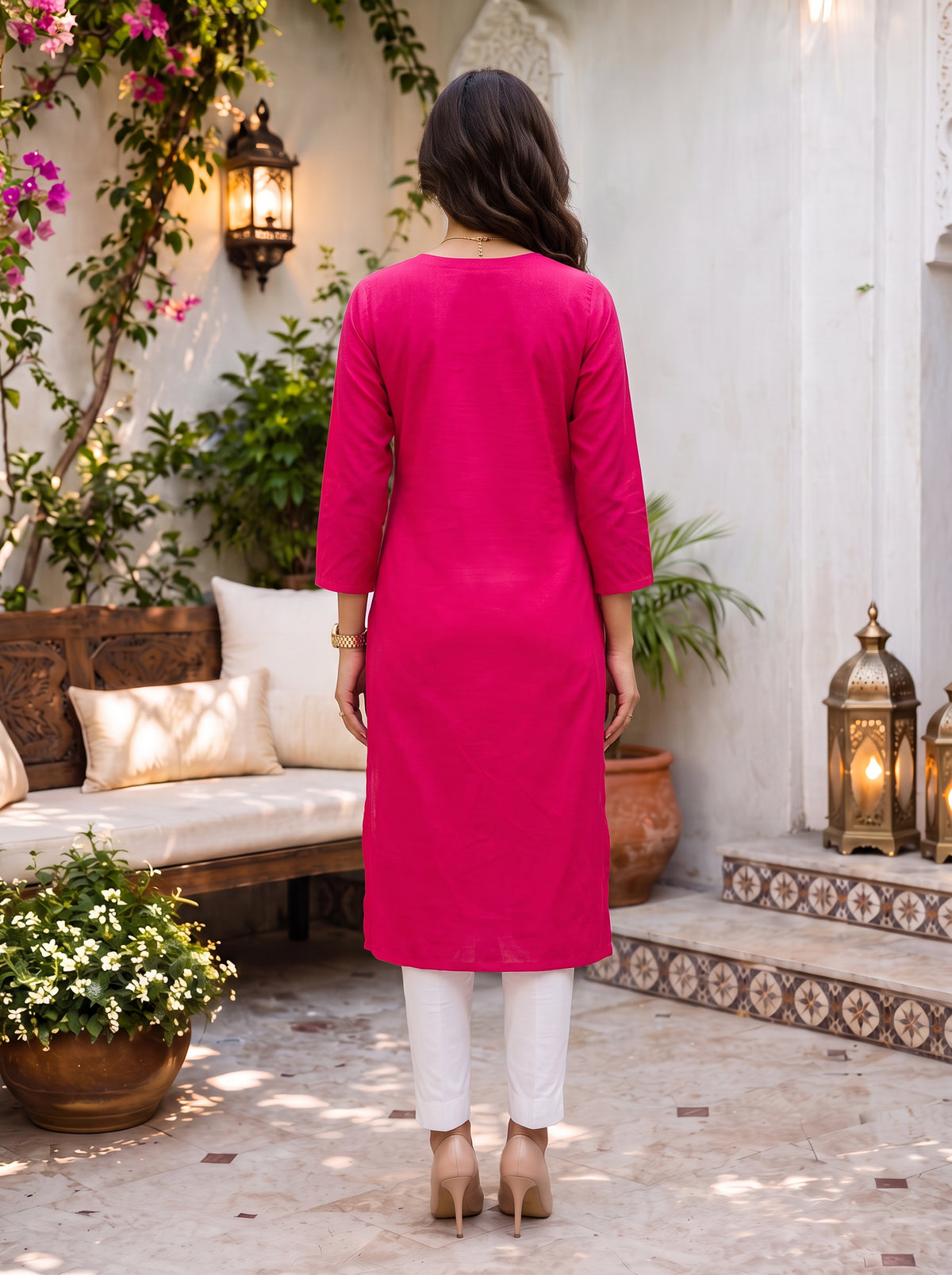 Buy Cotton Embroidered Straight Calf Length Kurta-Fuchsia