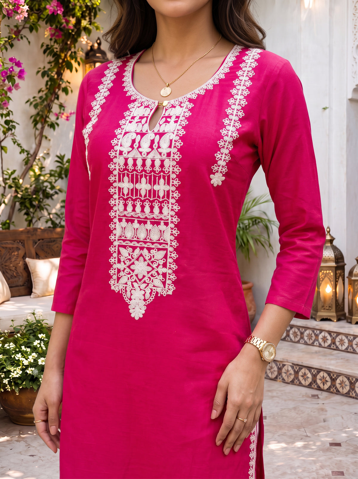 Buy Cotton Embroidered Straight Calf Length Kurta-Fuchsia