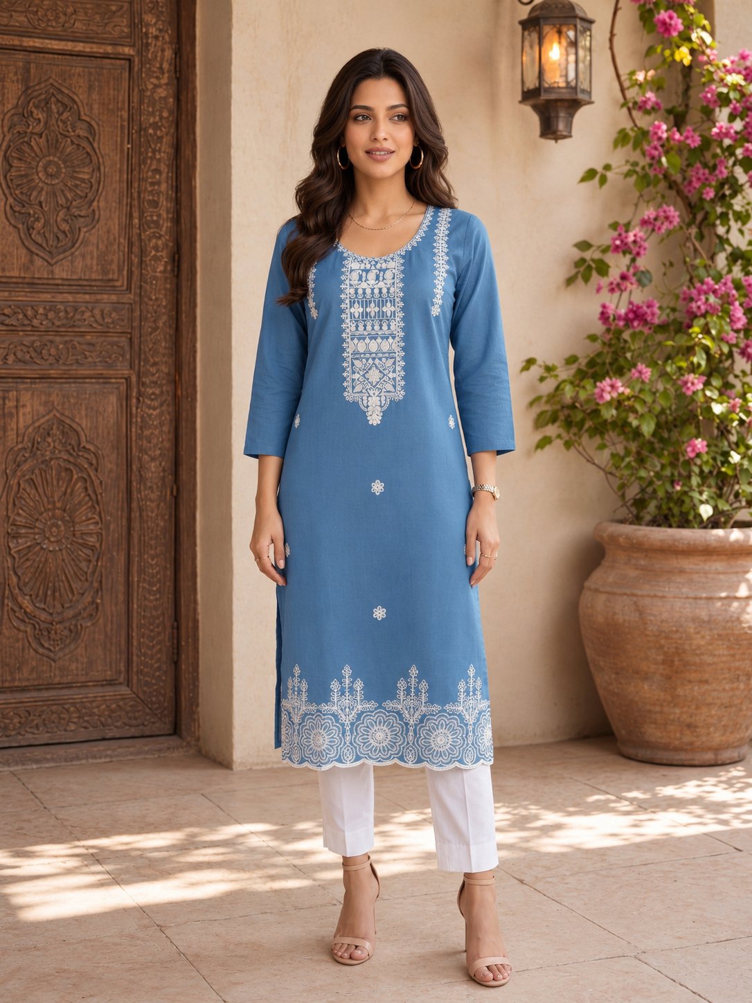 Buy Cotton Embroidered Straight Calf Length Kurta-Blue