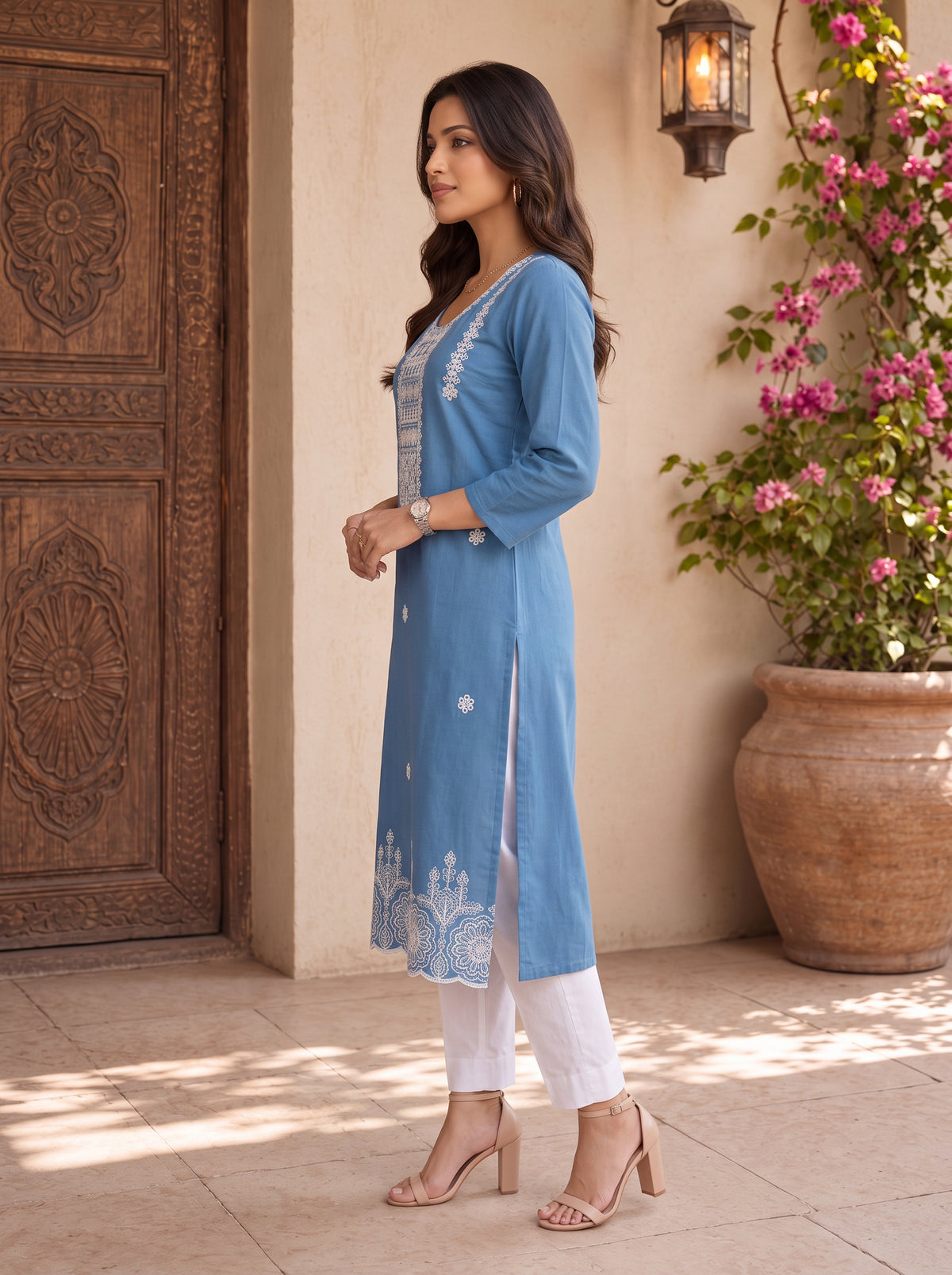 Buy Cotton Embroidered Straight Calf Length Kurta-Blue