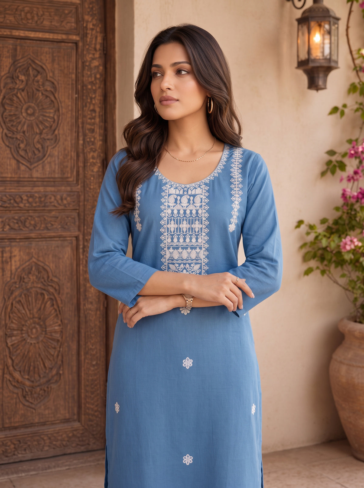 Cotton Embroidered Straight Calf Length Kurta