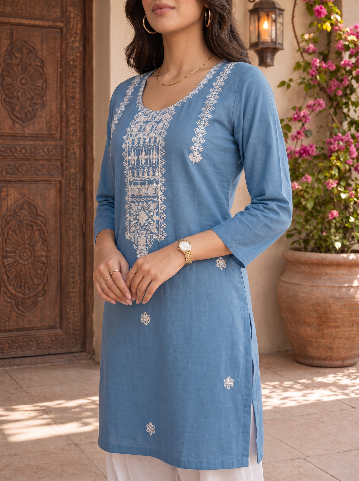 Cotton Embroidered Straight Calf Length Kurta