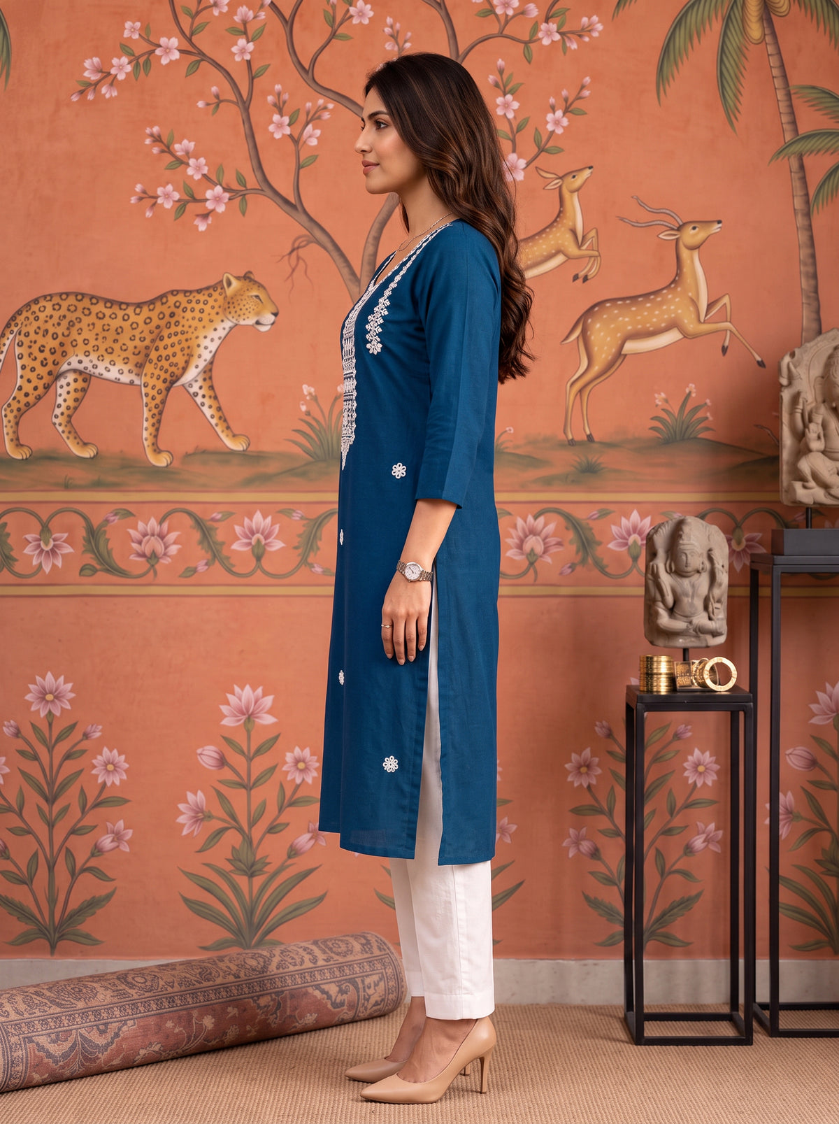 Buy Cotton Embroidered Straight Calf Length Kurta-Blue