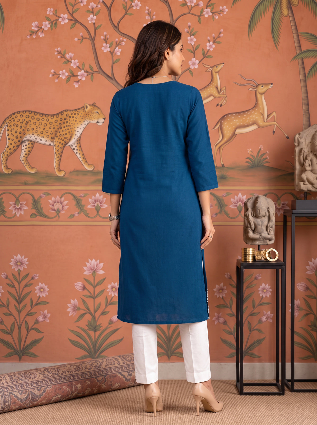 Buy Cotton Embroidered Straight Calf Length Kurta-Blue