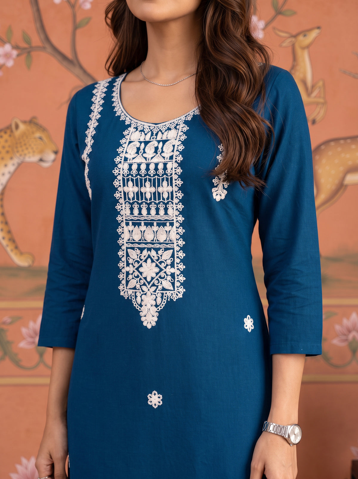Buy Cotton Embroidered Straight Calf Length Kurta-Blue