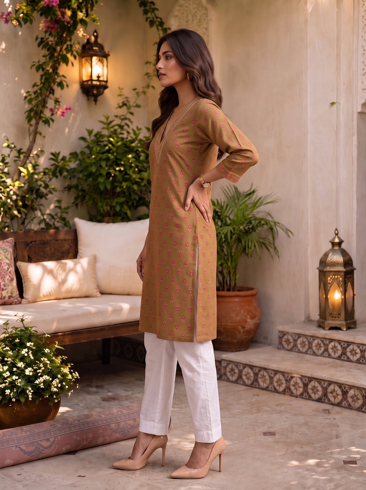 Buy Rayon Embroidered Straight Calf Length Kurta-Beige