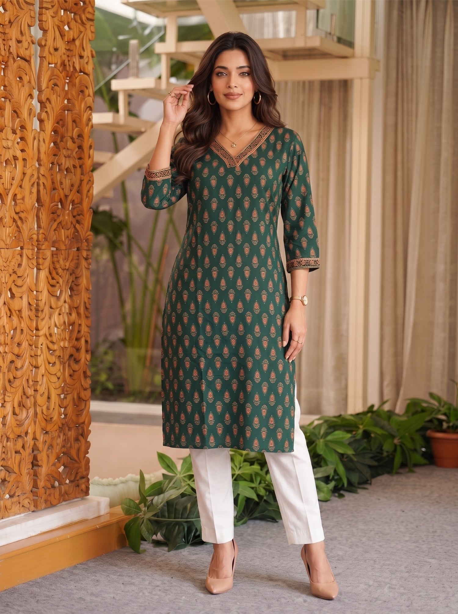 Buy Rayon Embroidered Straight Calf Length Kurta-Green