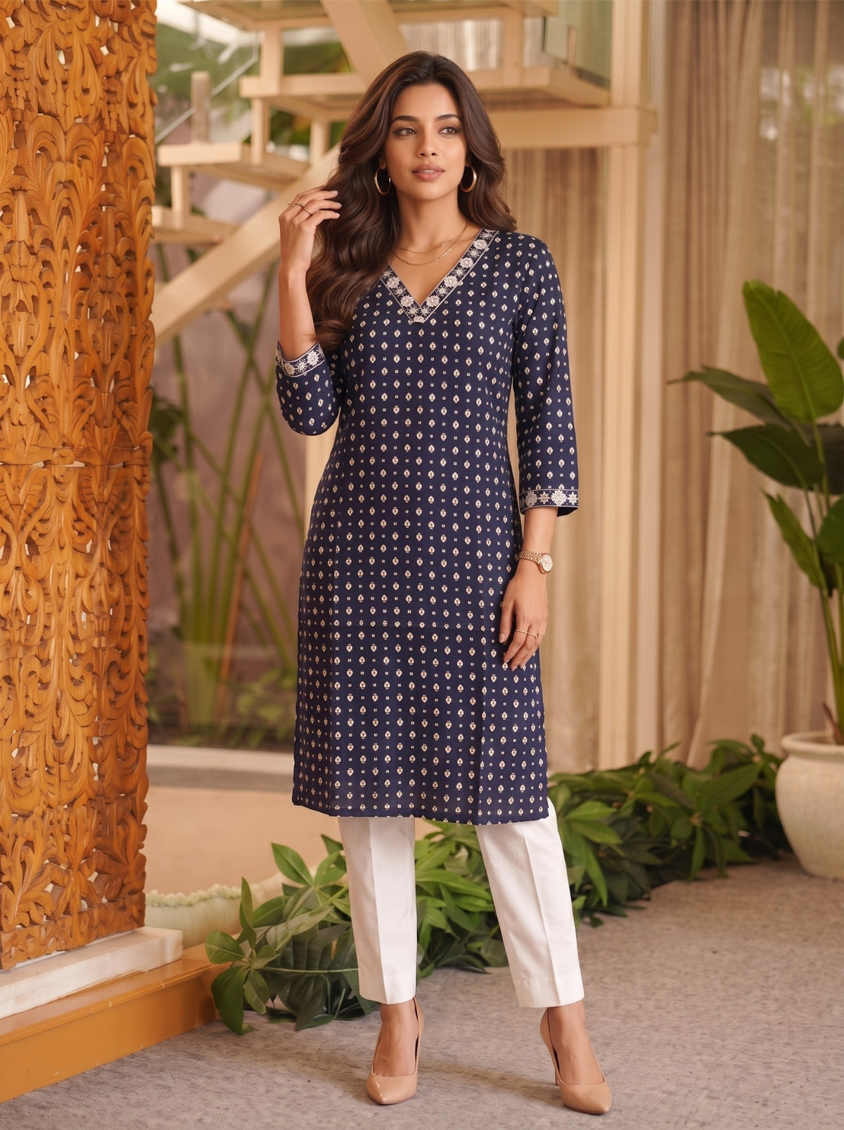 Buy Rayon Embroidered Straight Calf Length Kurta-Navy