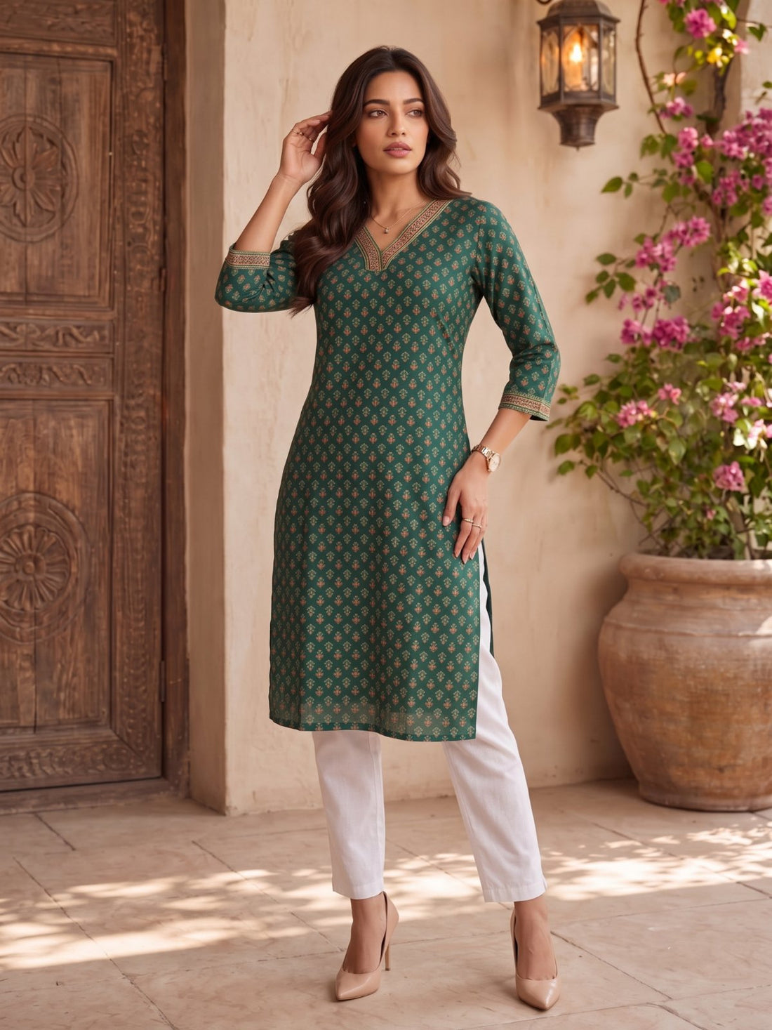Buy Rayon Printed Straight Calf Length Kurta-Green