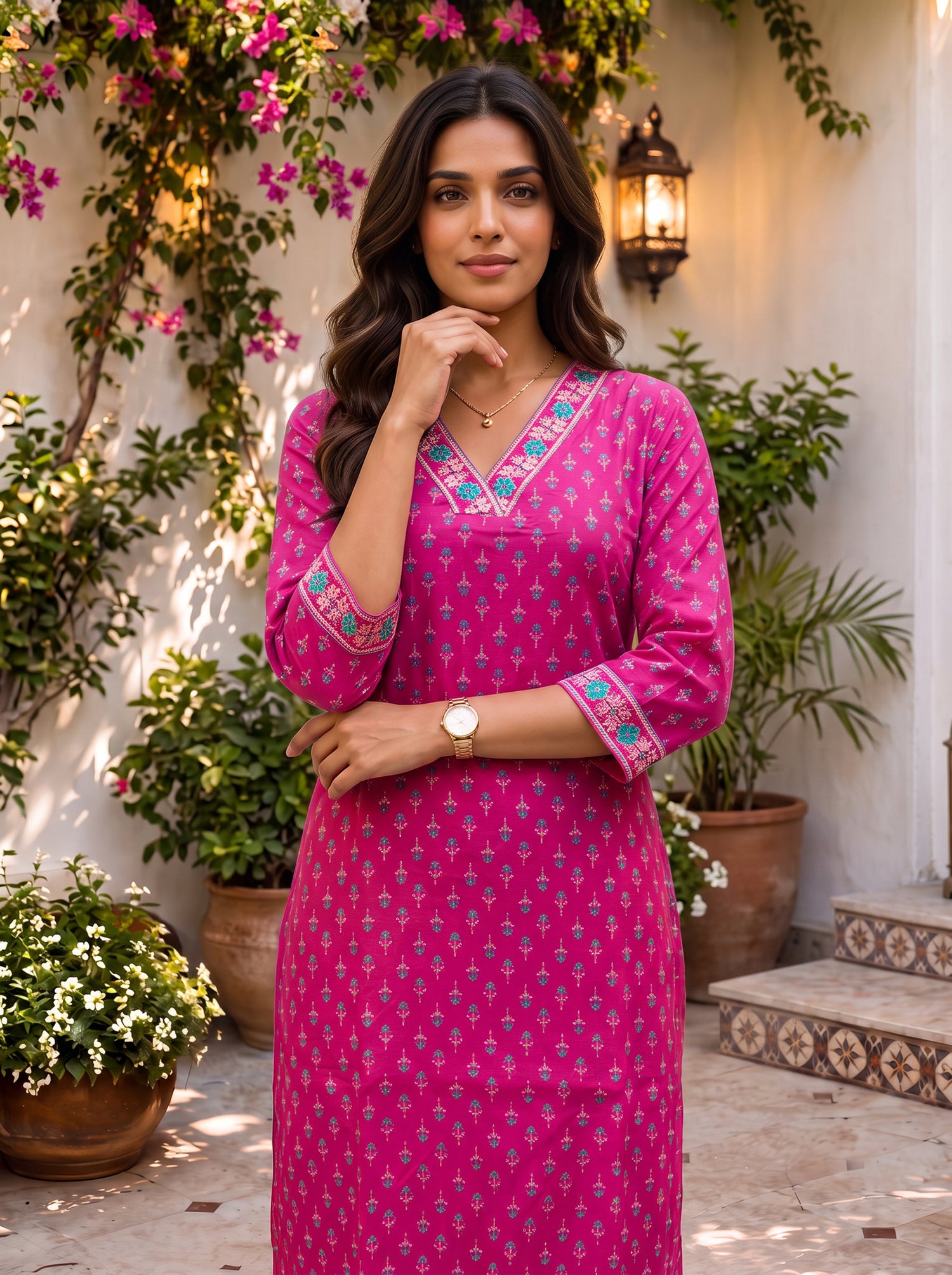 Buy Rayon Embroidered Straight Calf Length Kurta-Pink