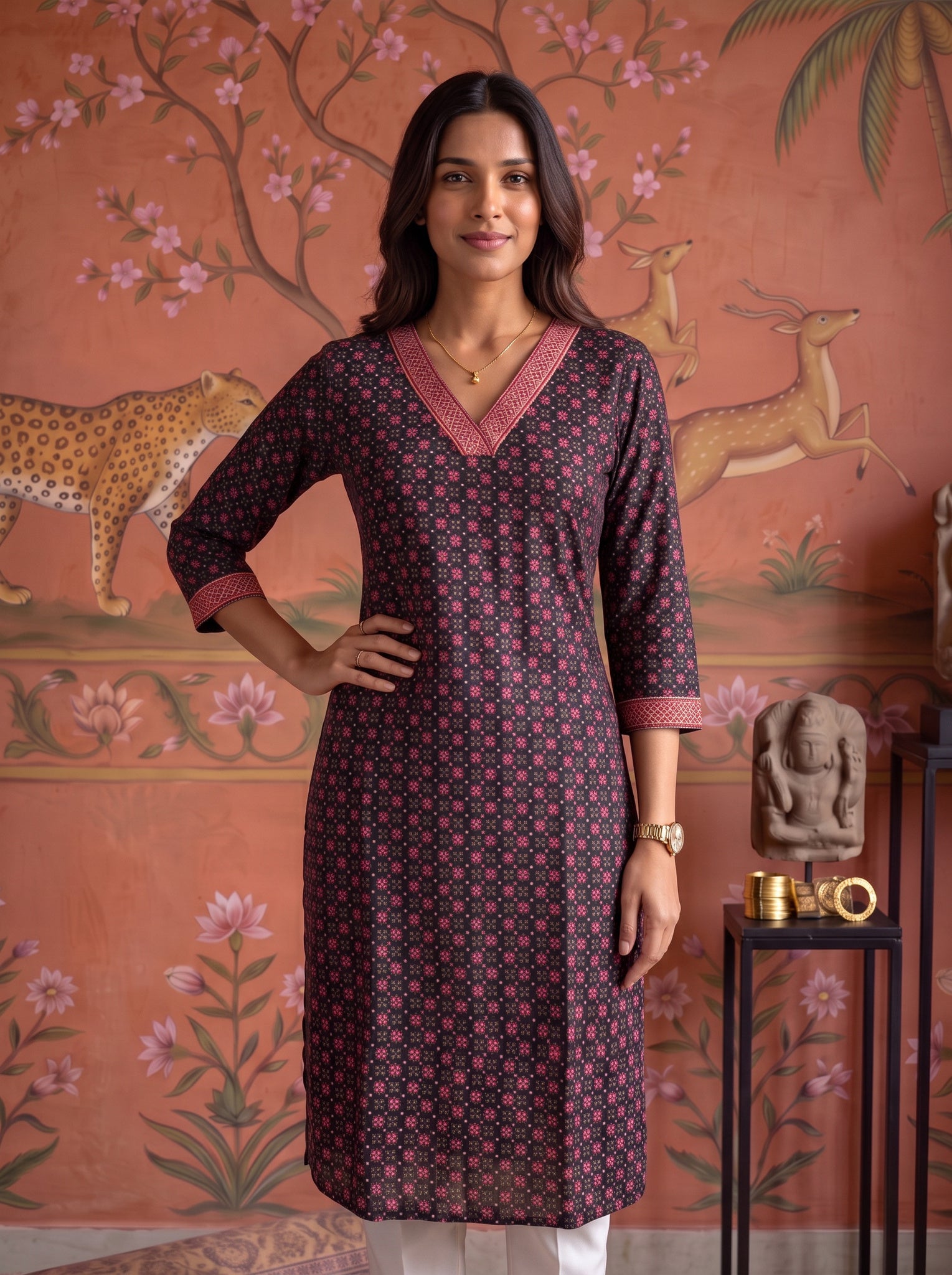 Rayon Embroidered Straight Calf Length Kurta