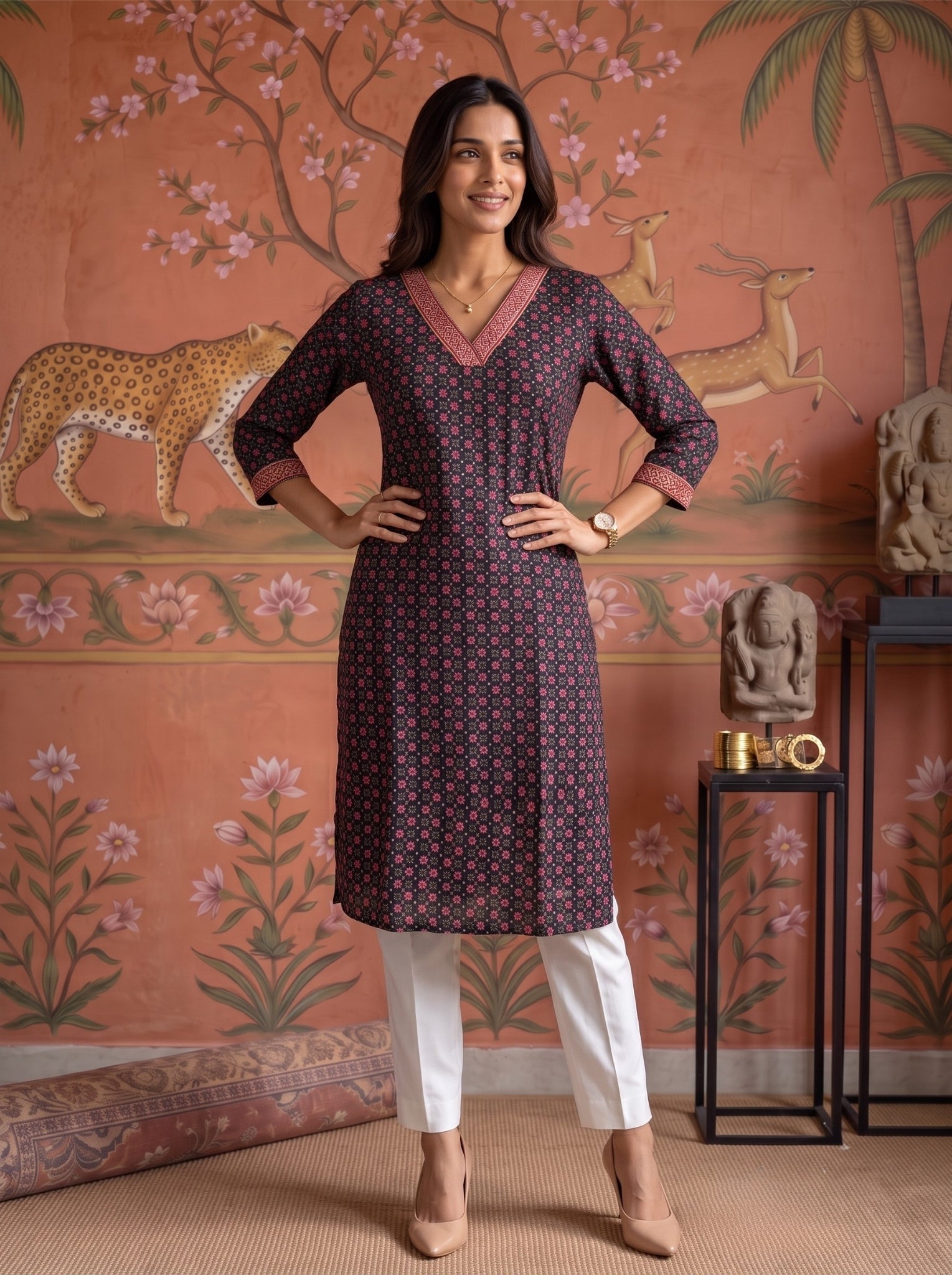 Rayon Embroidered Straight Calf Length Kurta