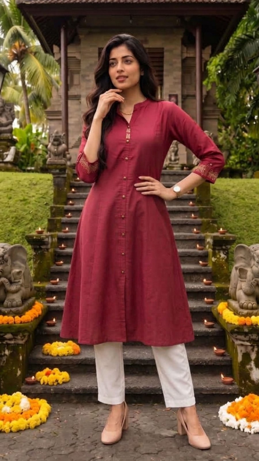 Buy Viscose Embroidered Flared Calf Length Kurta-Maroon