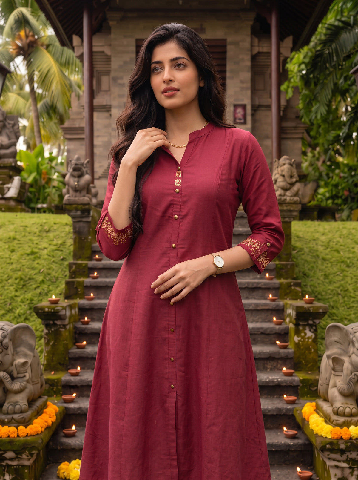 Viscose Embroidered Flared Calf Length Kurta