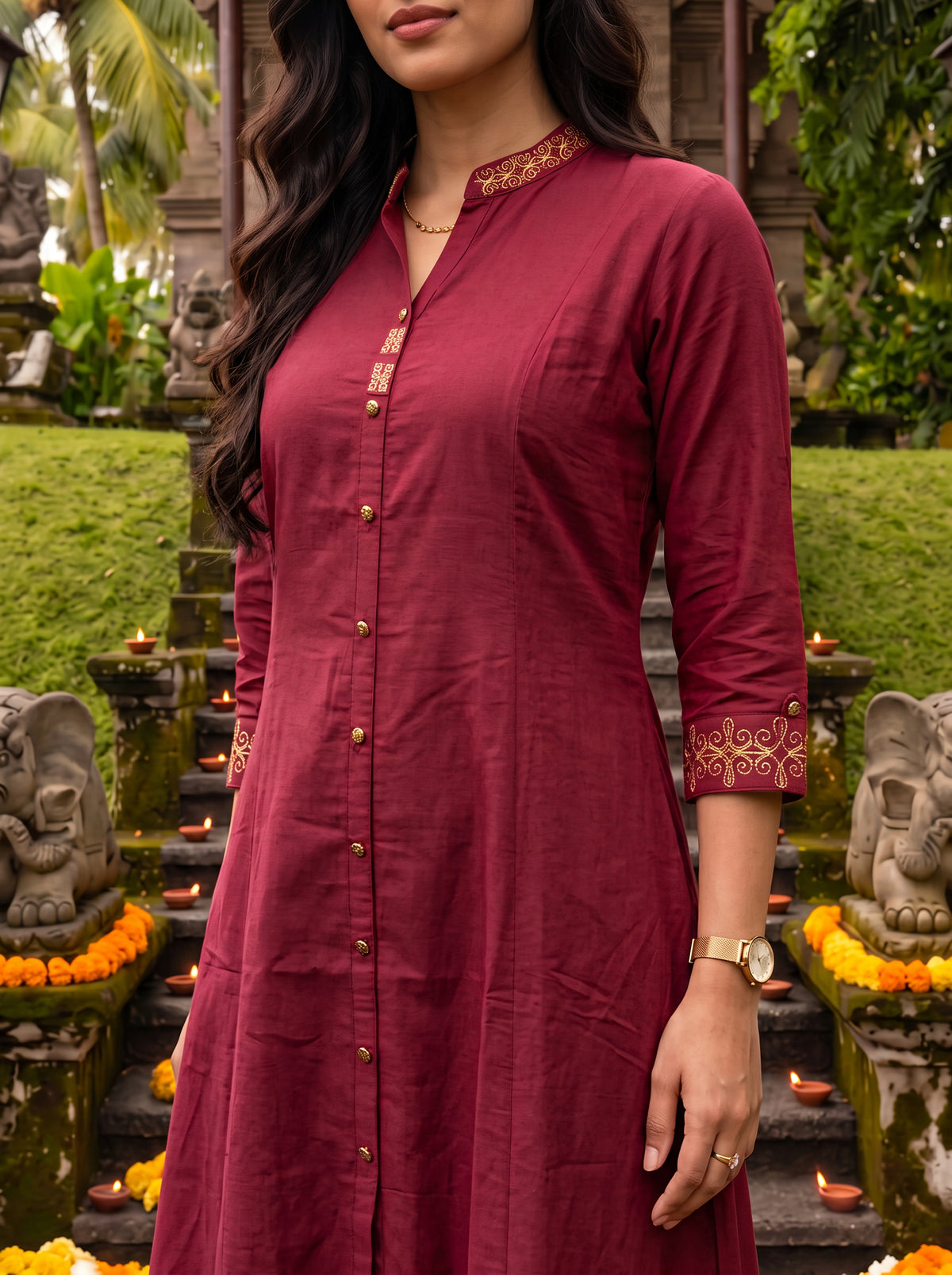 Buy Viscose Embroidered Flared Calf Length Kurta-Maroon