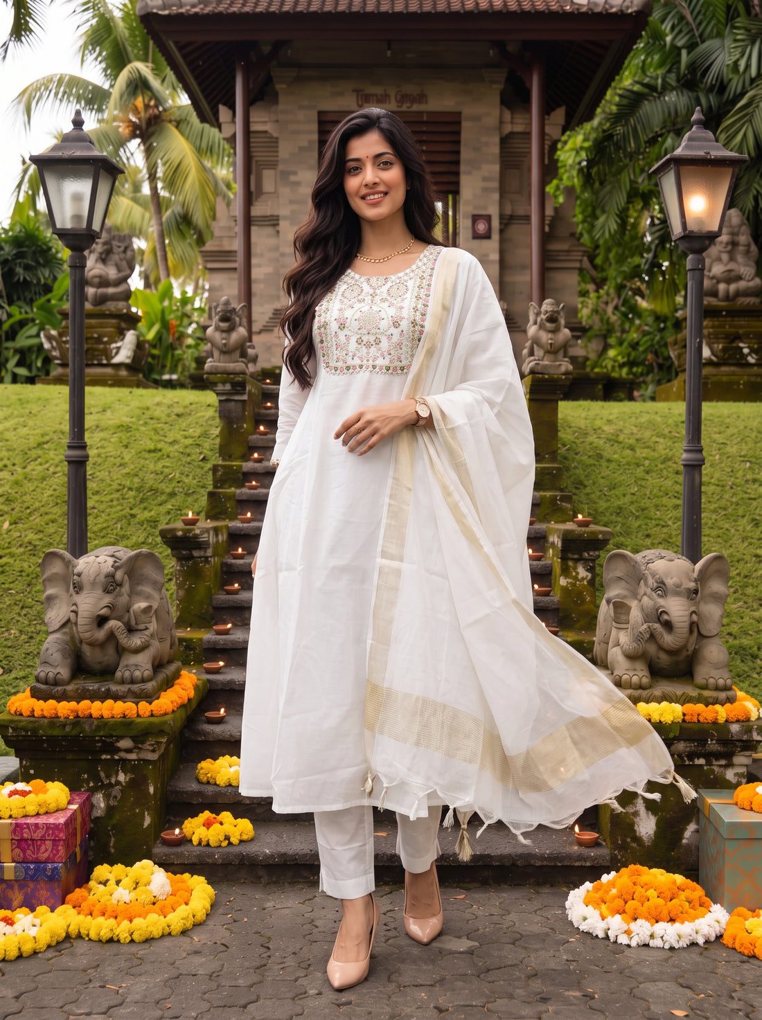 Buy Chanderi Embroidered Flared Calf Length Kurta With Pant and Dupatta-White