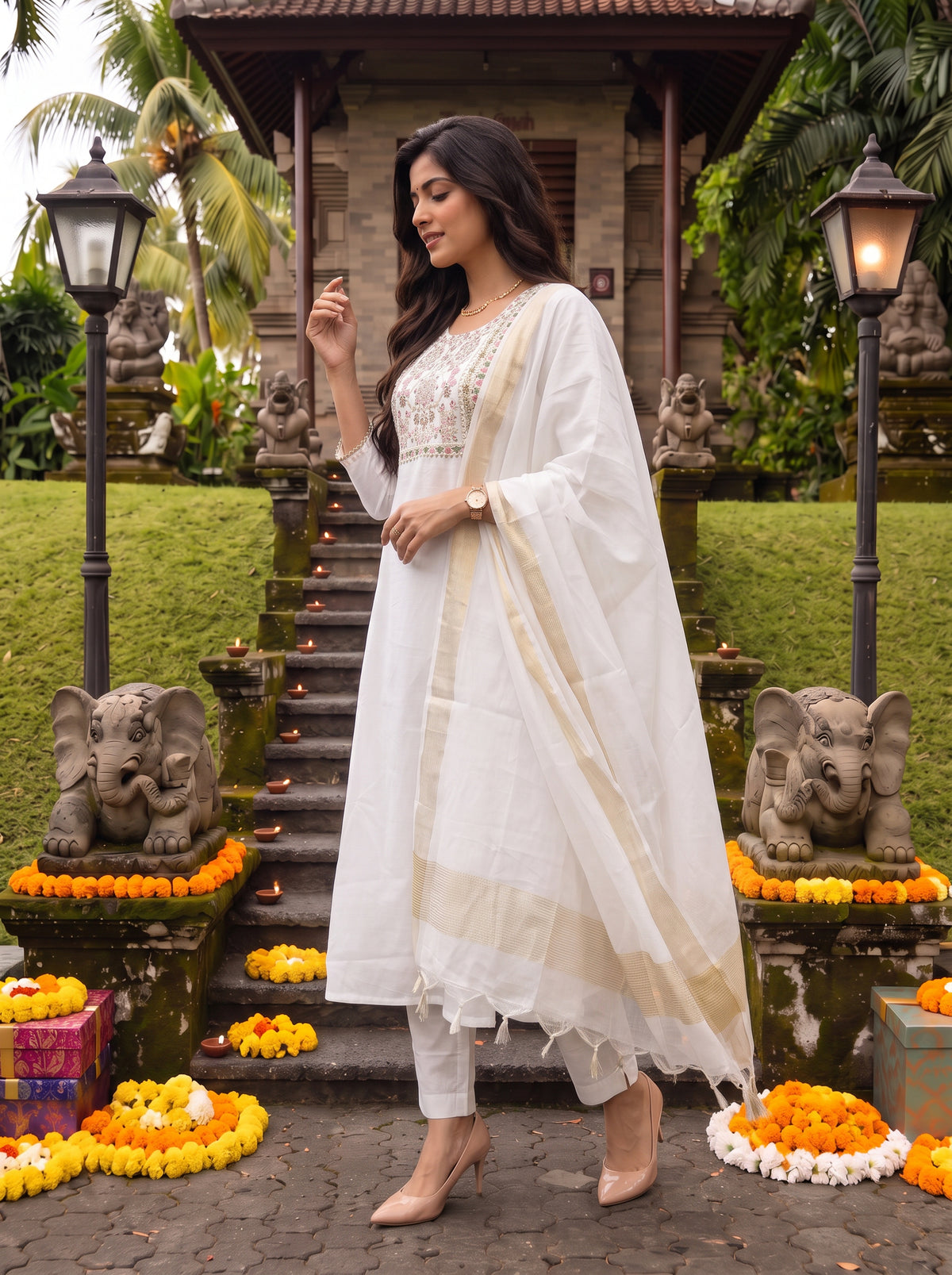 Buy Chanderi Embroidered Flared Calf Length Kurta With Pant and Dupatta-White