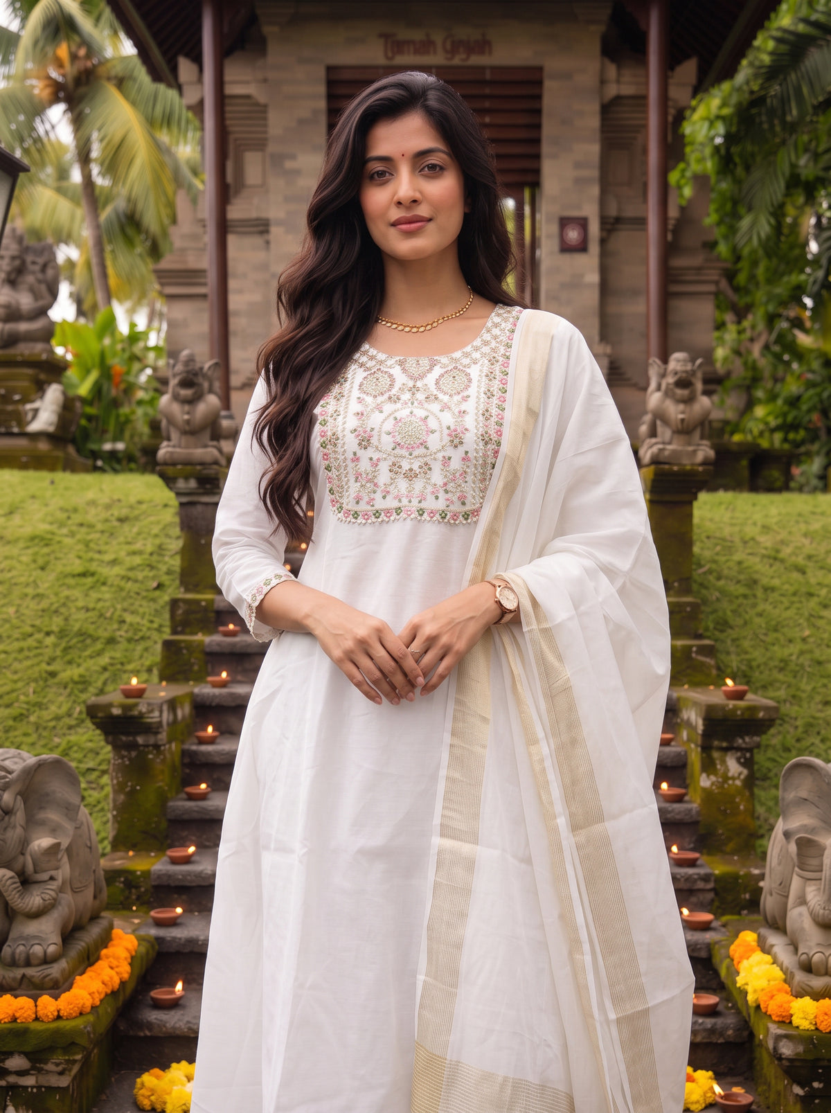 Buy Chanderi Embroidered Flared Calf Length Kurta With Pant and Dupatta-White