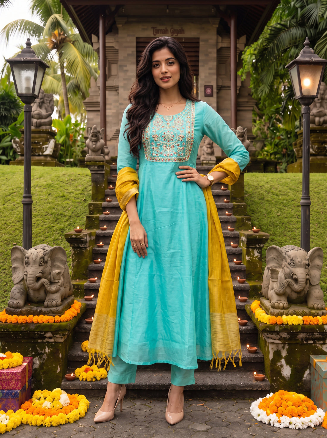 Buy Chanderi Embroidered Flared Calf Length Kurta With Pant and Dupatta-Green