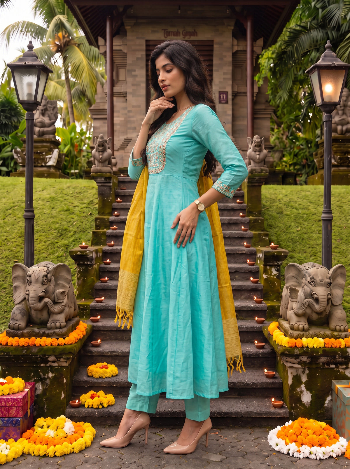Buy Chanderi Embroidered Flared Calf Length Kurta With Pant and Dupatta-Green