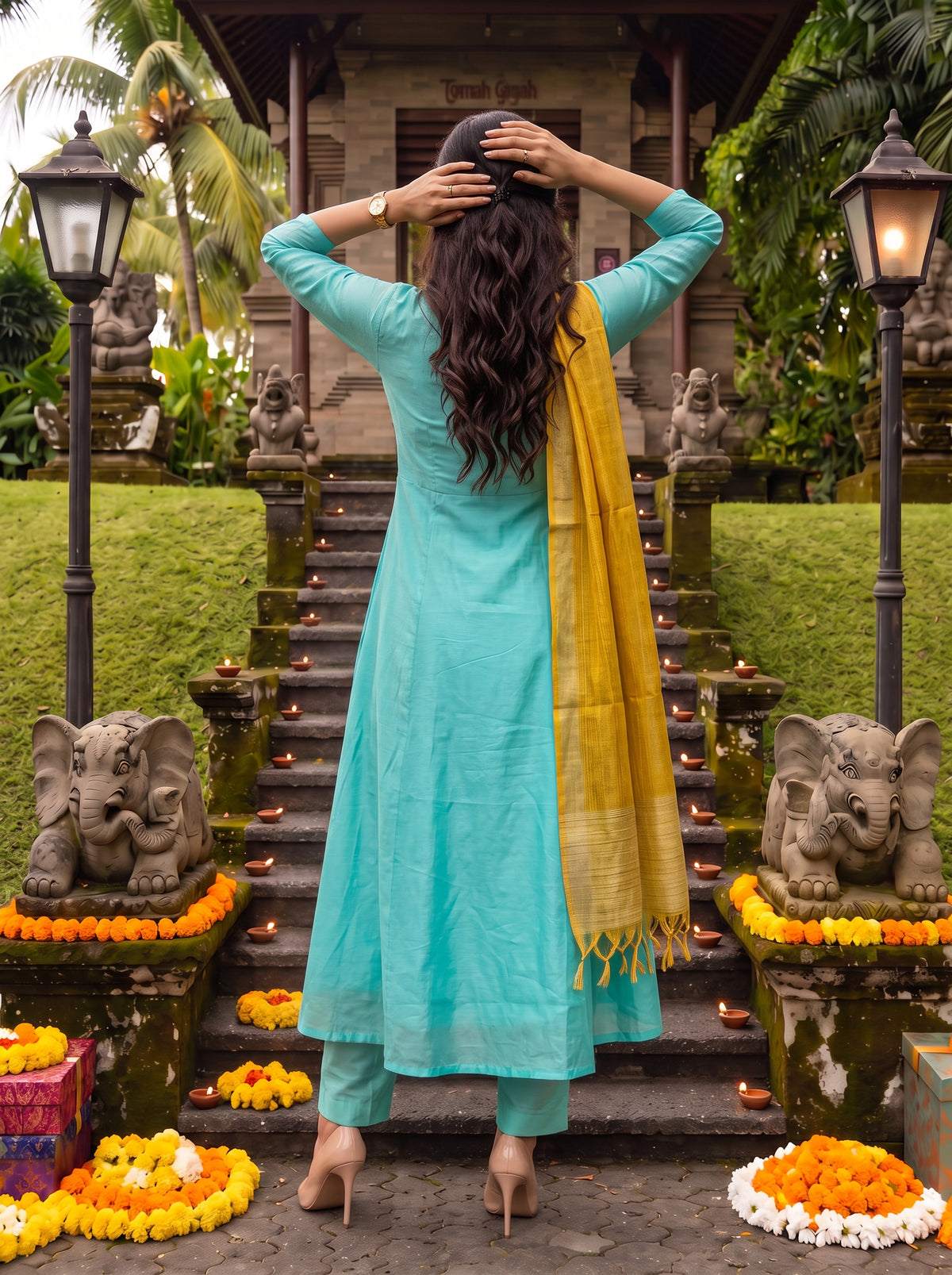 Buy Chanderi Embroidered Flared Calf Length Kurta With Pant and Dupatta-Green