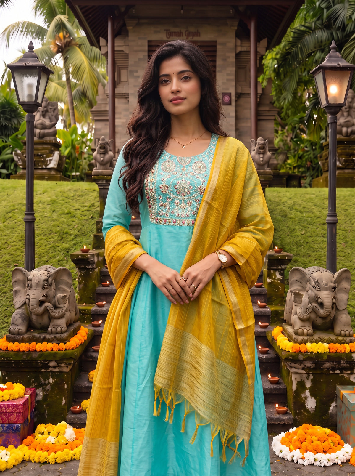 Buy Chanderi Embroidered Flared Calf Length Kurta With Pant and Dupatta-Green
