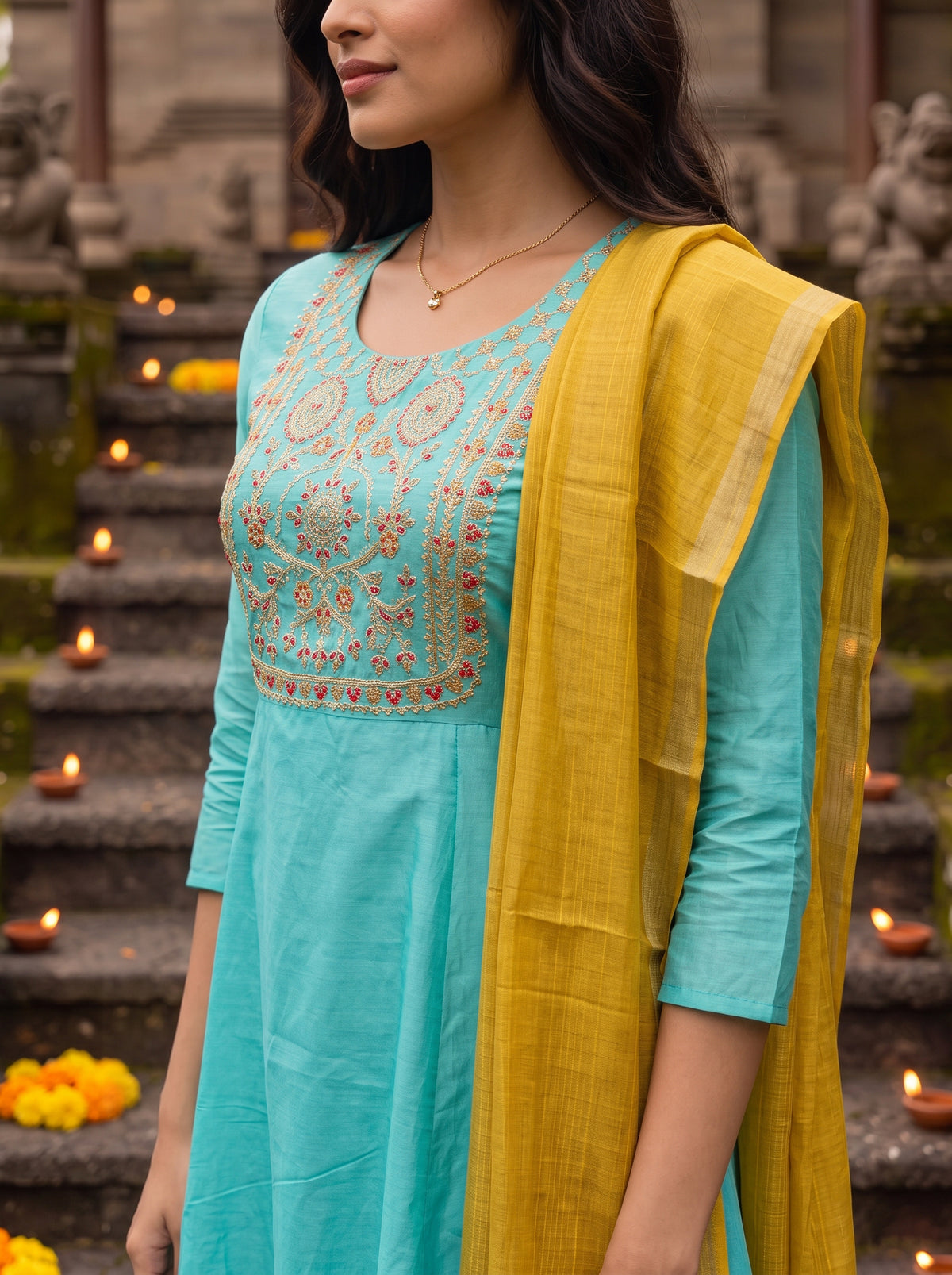 Chanderi Embroidered Flared Calf Length Kurta With Pant and Dupatta