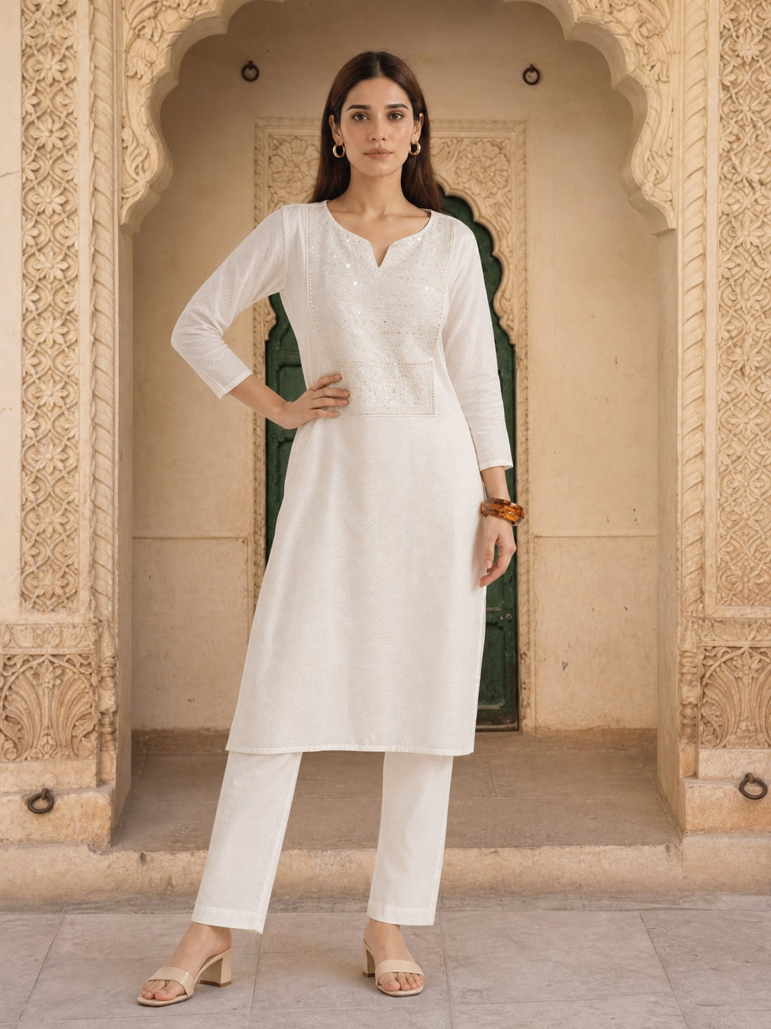 Buy Rayon Embroidered Straight Calf Length Kurta-Off White