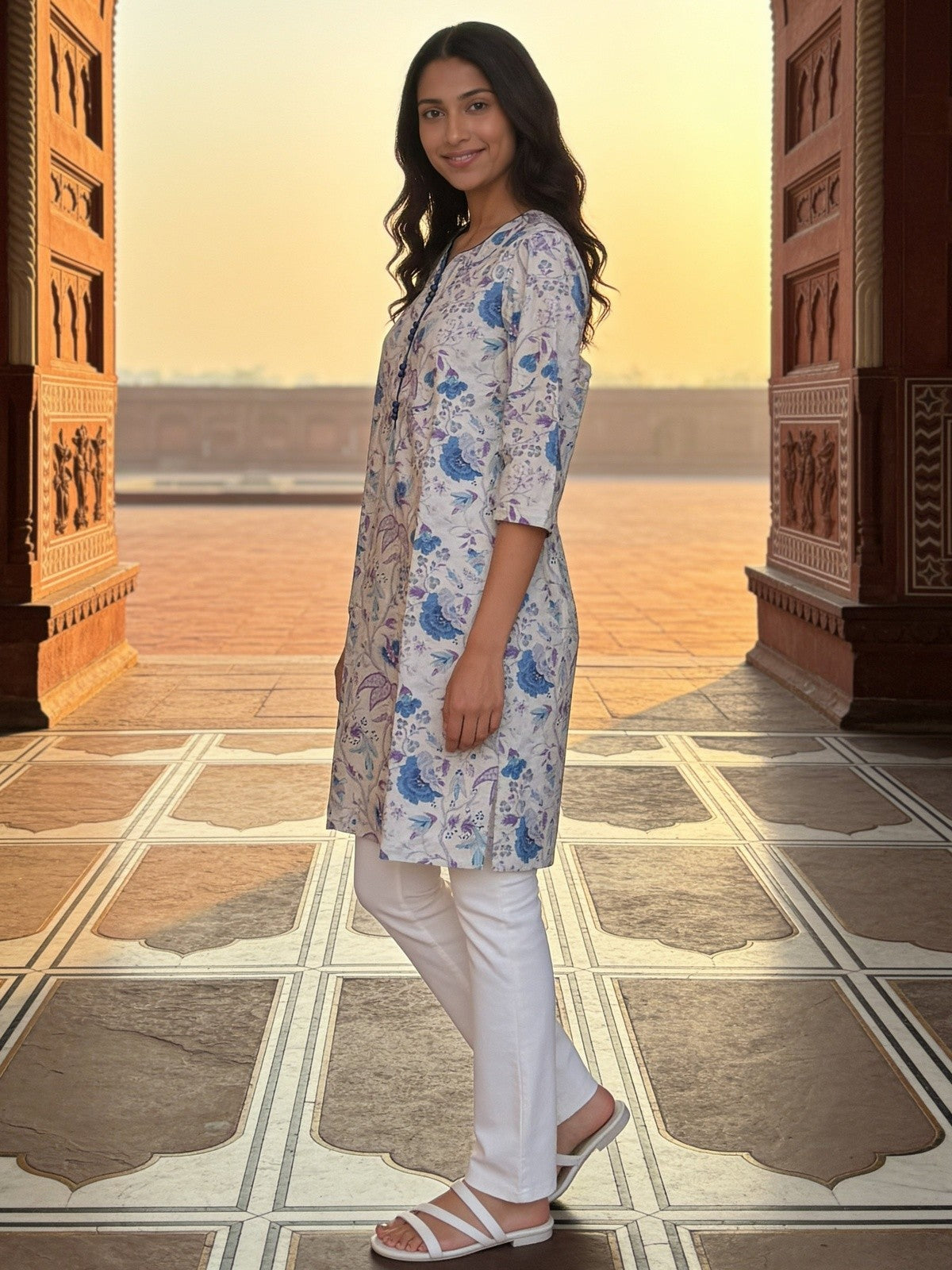 Buy Cotton Printed Straight Knee Length Kurta-Off White