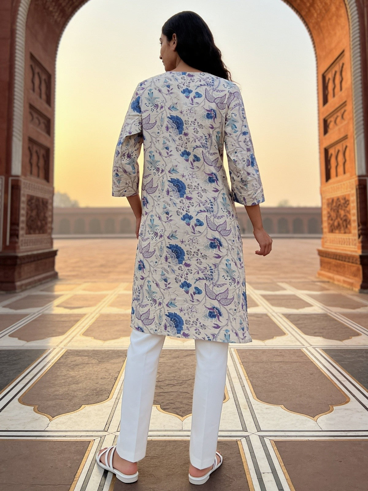Buy Cotton Printed Straight Knee Length Kurta-Off White
