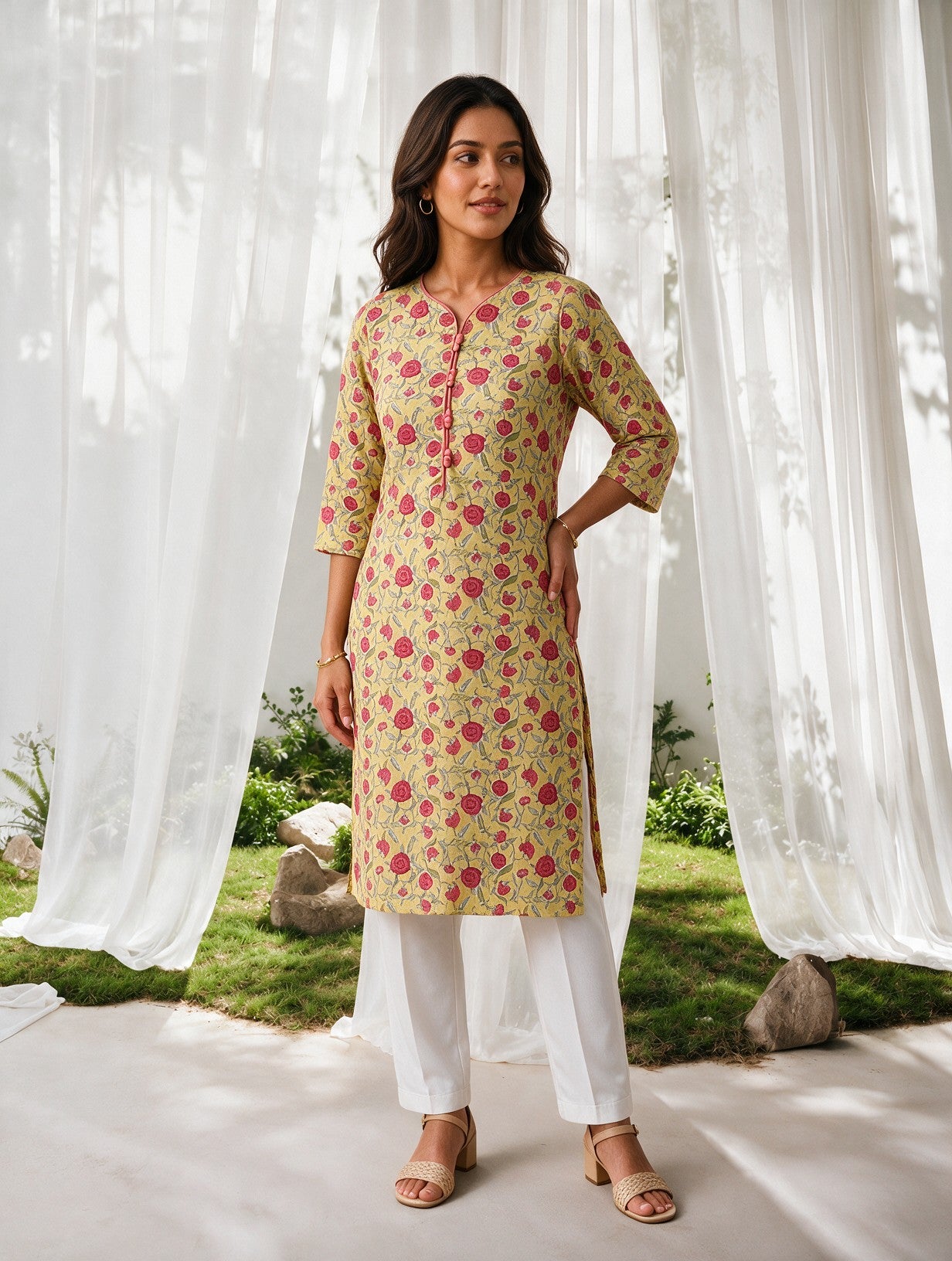 Buy Cotton Printed Straight Knee Length Kurta-Yellow