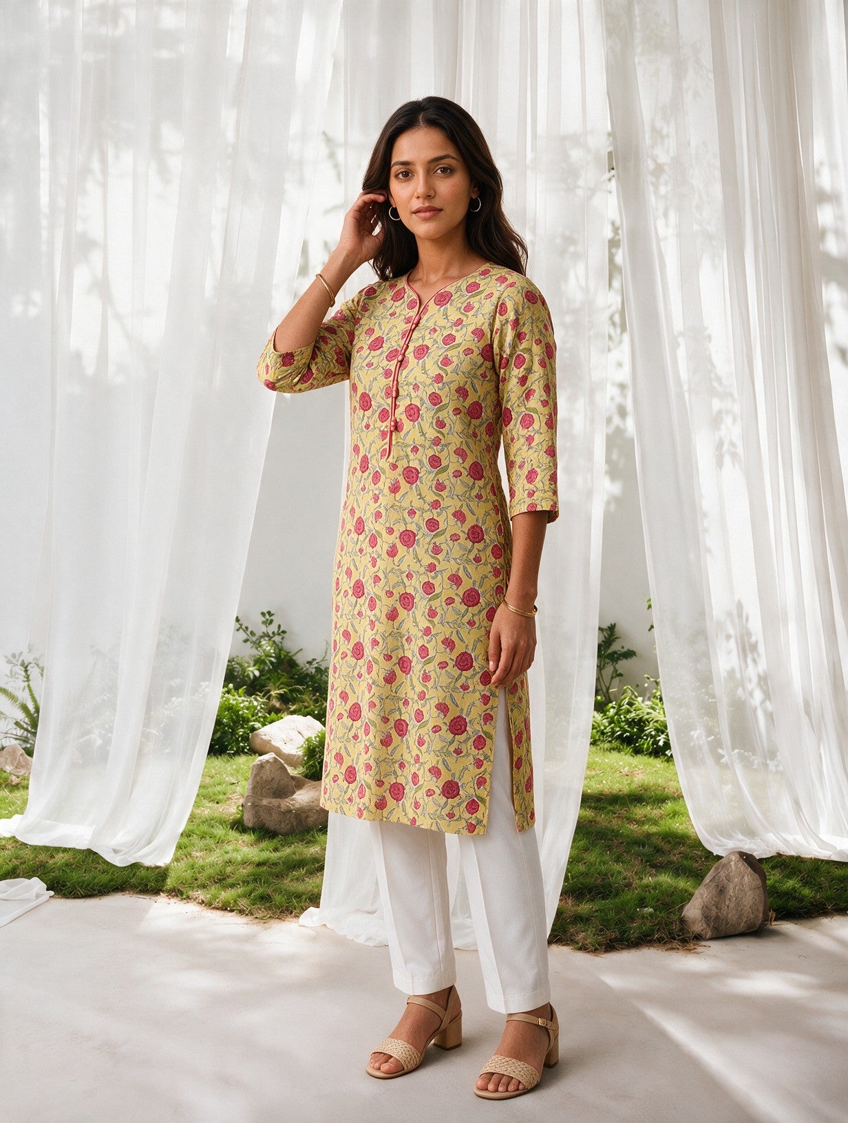 Buy Cotton Printed Straight Knee Length Kurta-Yellow
