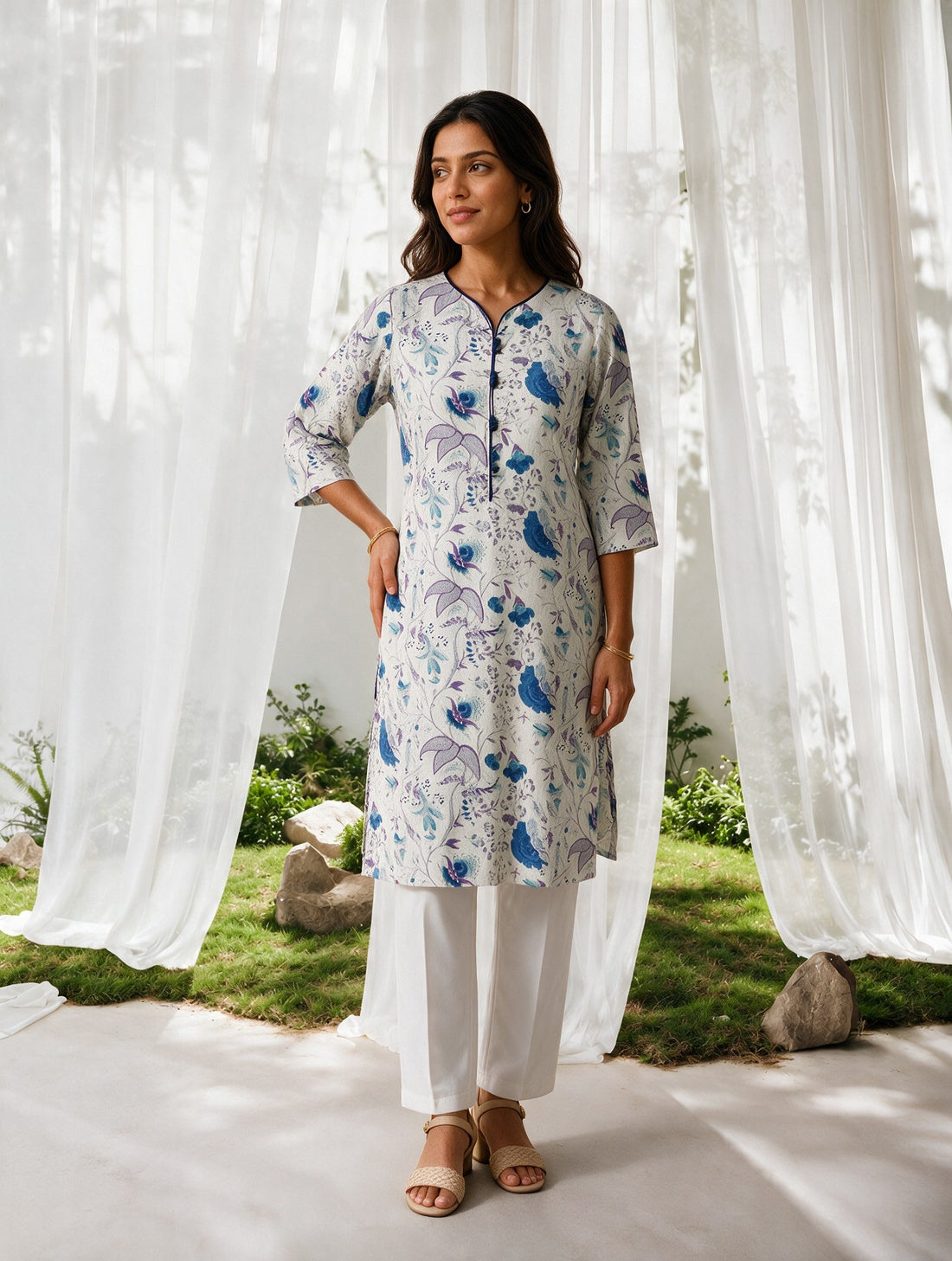 Buy Cotton Printed Straight Knee Length Kurta-Off White