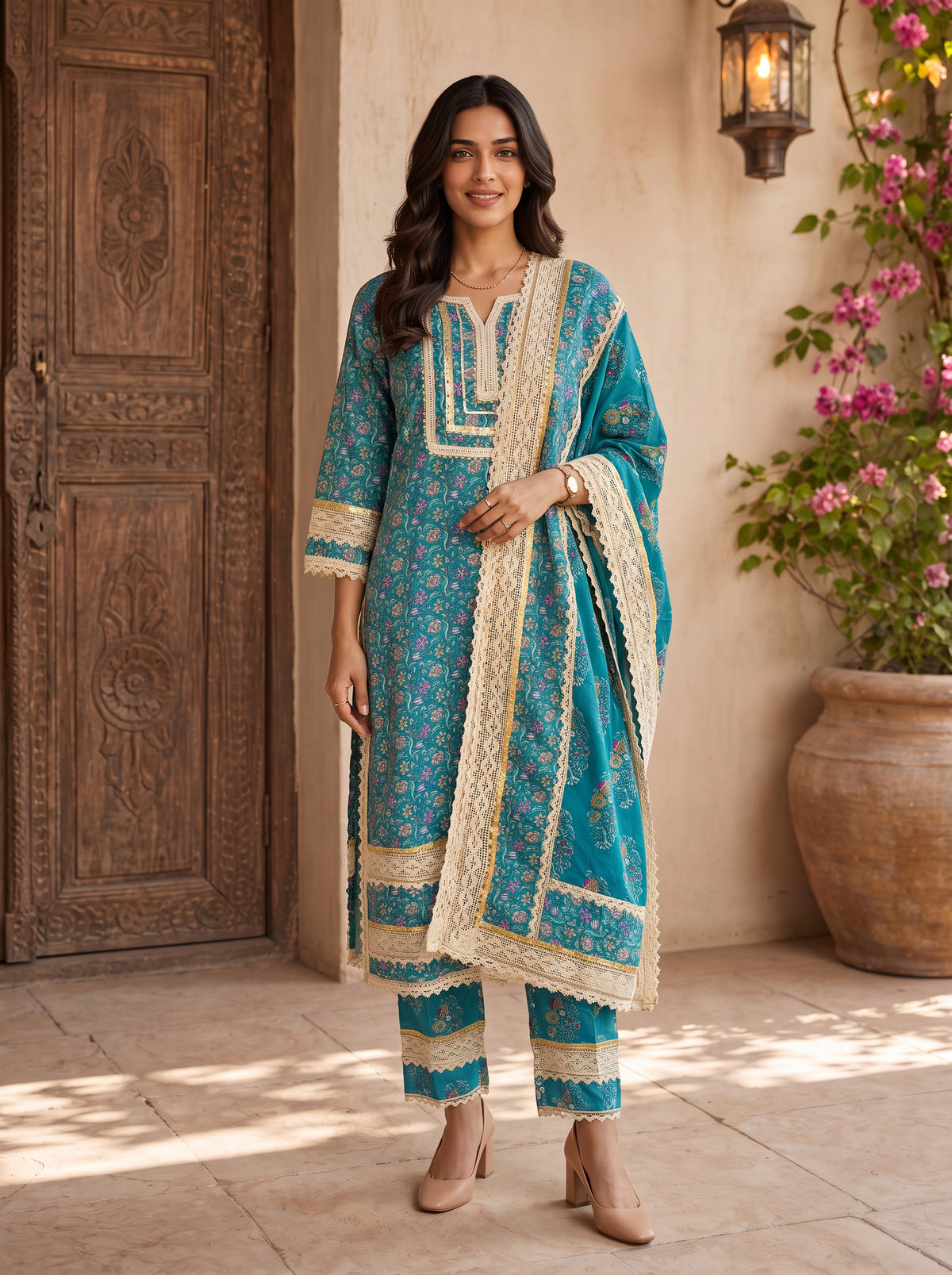 Buy Cotton Embroidered Straight Calf Length Kurta With Pant and Dupatta-Blue