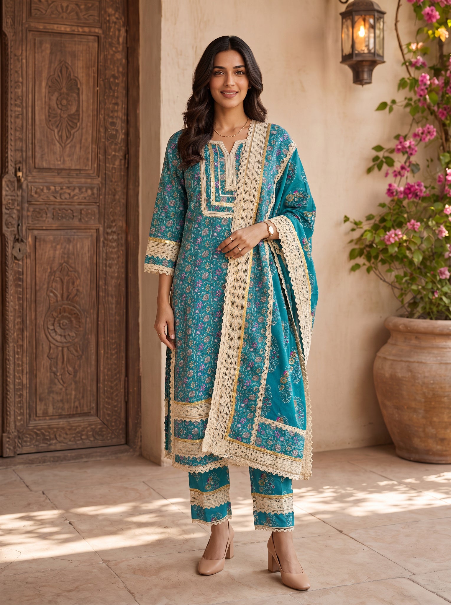 Cotton Embroidered Straight Calf Length Kurta With Pant and Dupatta