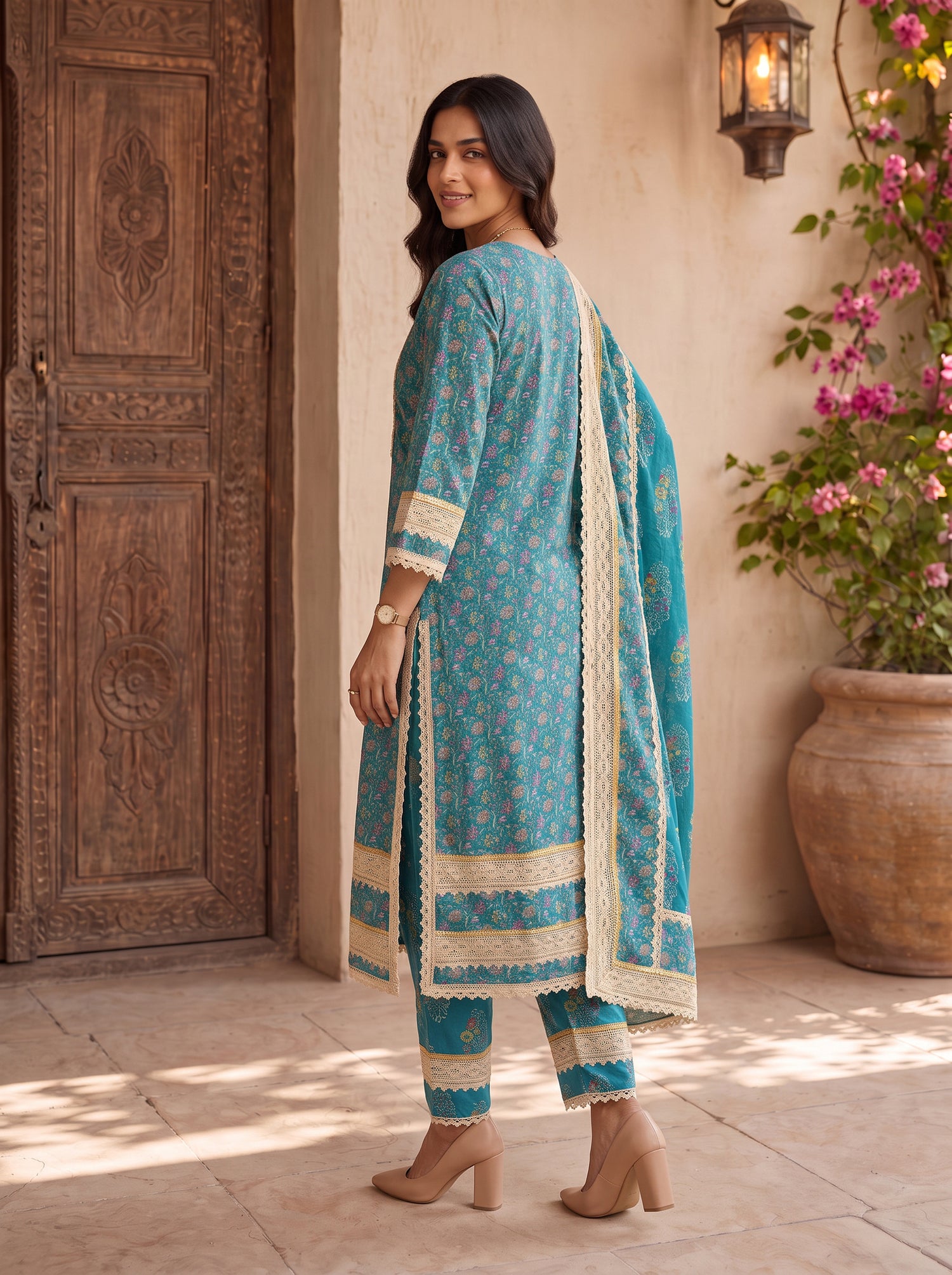 Buy Cotton Embroidered Straight Calf Length Kurta With Pant and Dupatta-Blue