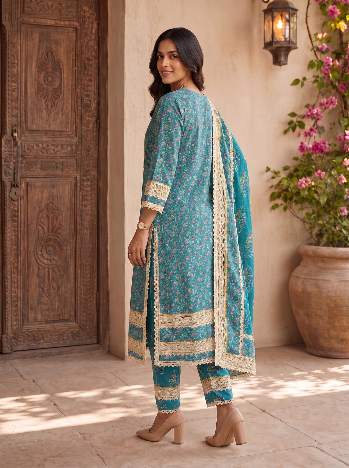 Cotton Embroidered Straight Calf Length Kurta With Pant and Dupatta