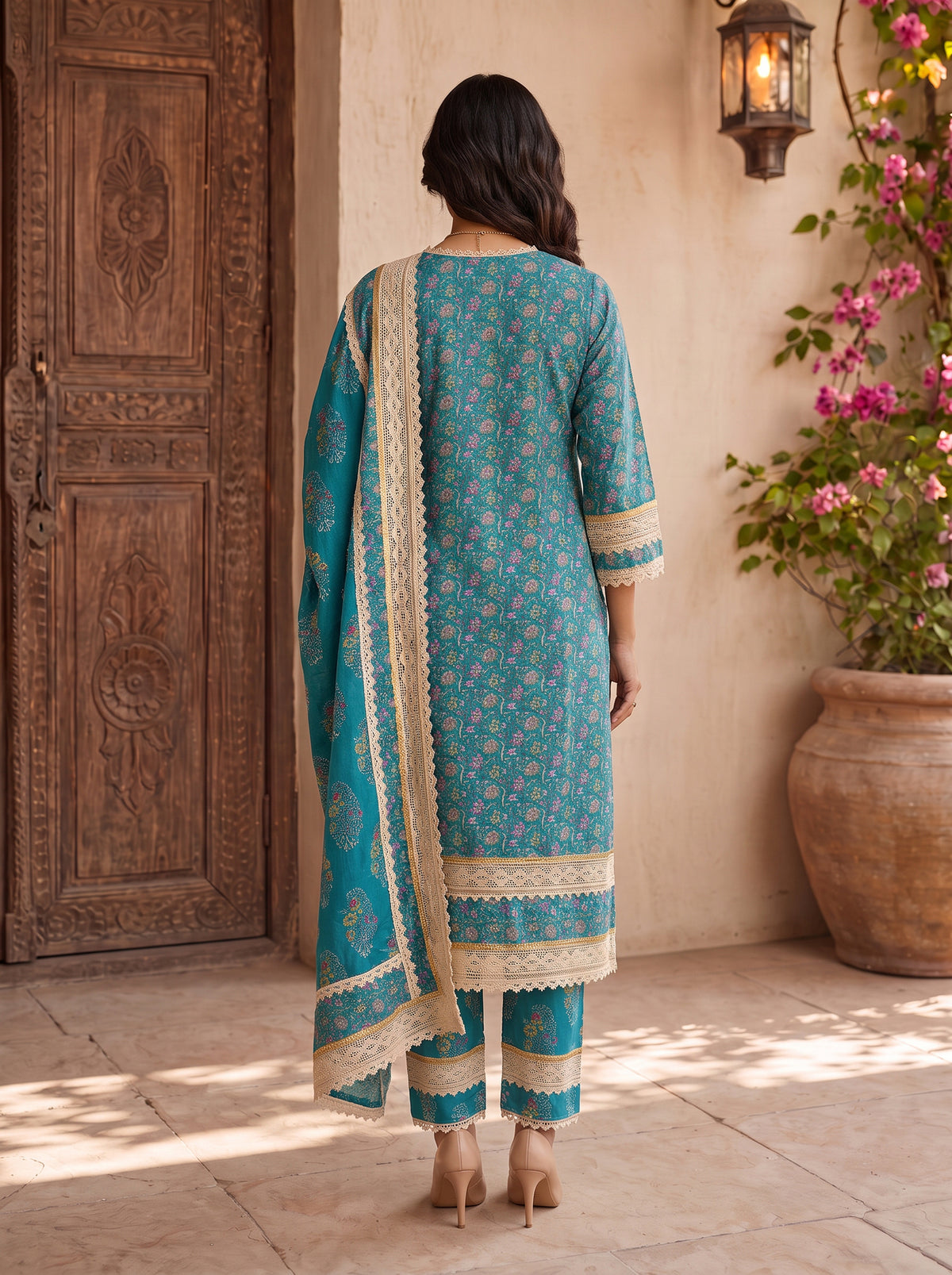 Cotton Embroidered Straight Calf Length Kurta With Pant and Dupatta